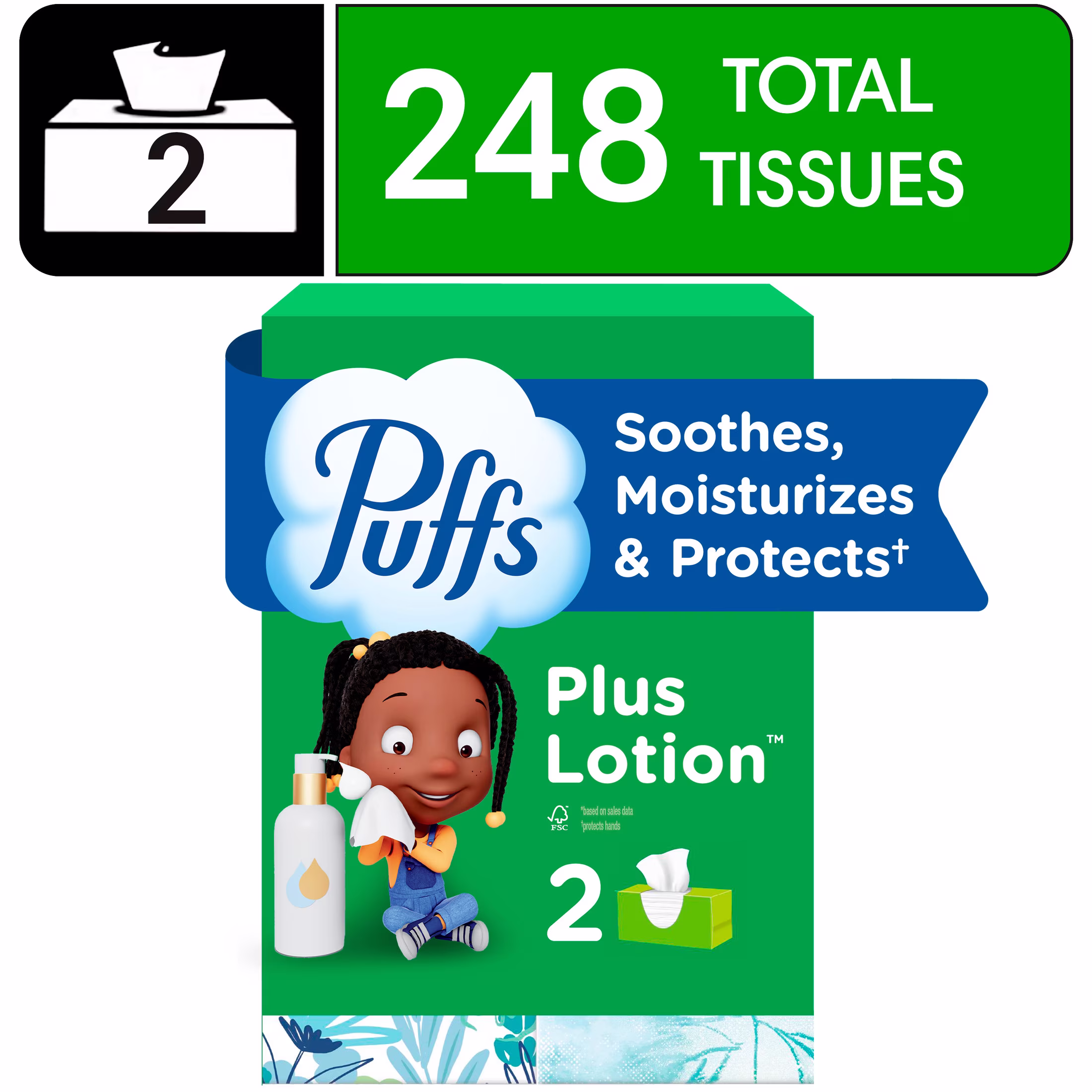 Puffs Facial Tissue Plus Lotion, 1 Rectangle Box, 124 Tissues Per Box