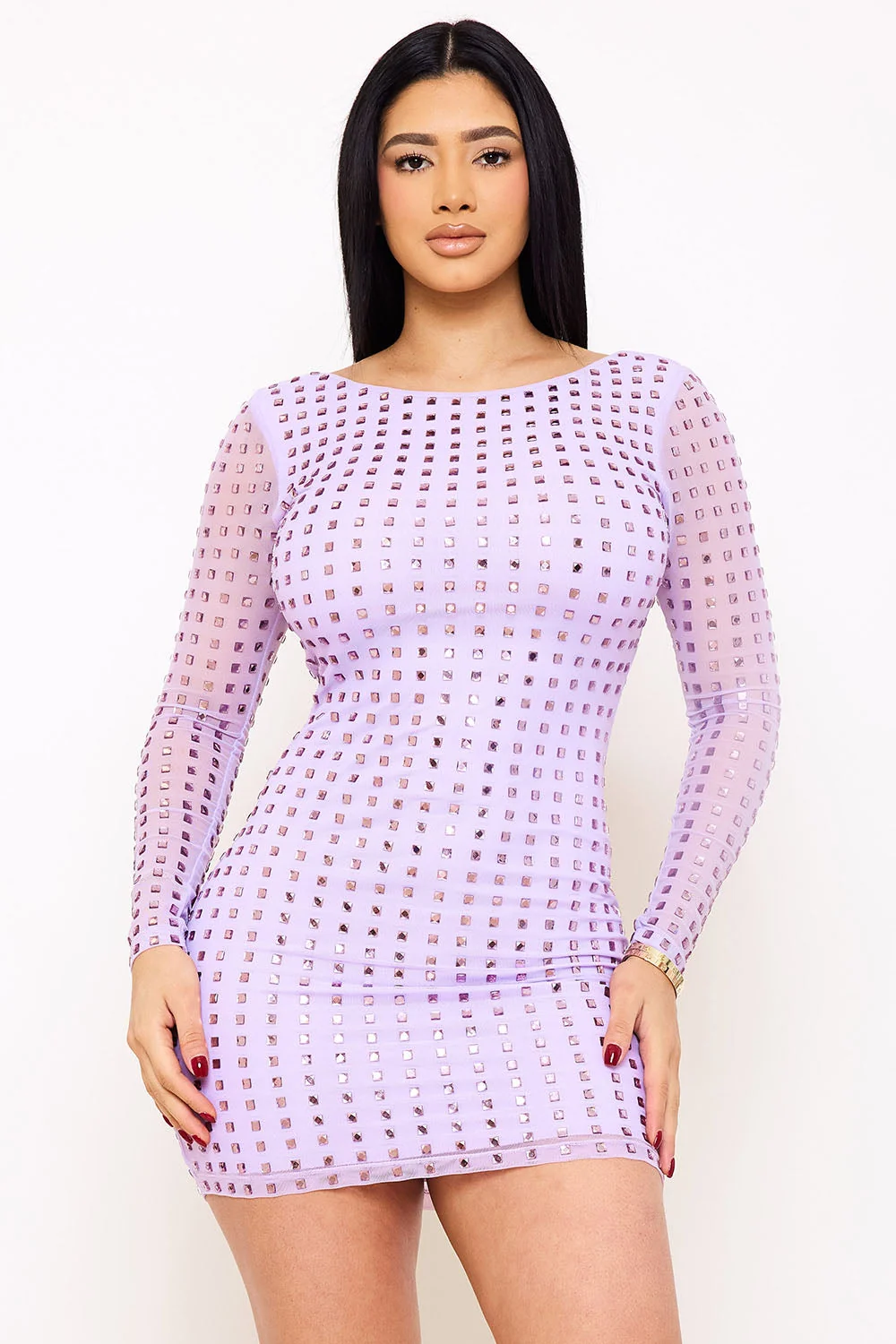 Symphony Dress - Square Rhinestone Long Sleeve Mini Dress