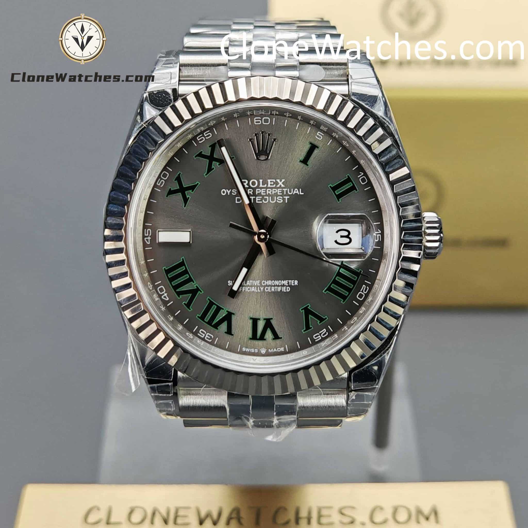 Rolex Super Clone Watches 1:1 DateJust Grey Roman Dial Jubilee 41MM M126334 3235 Movement