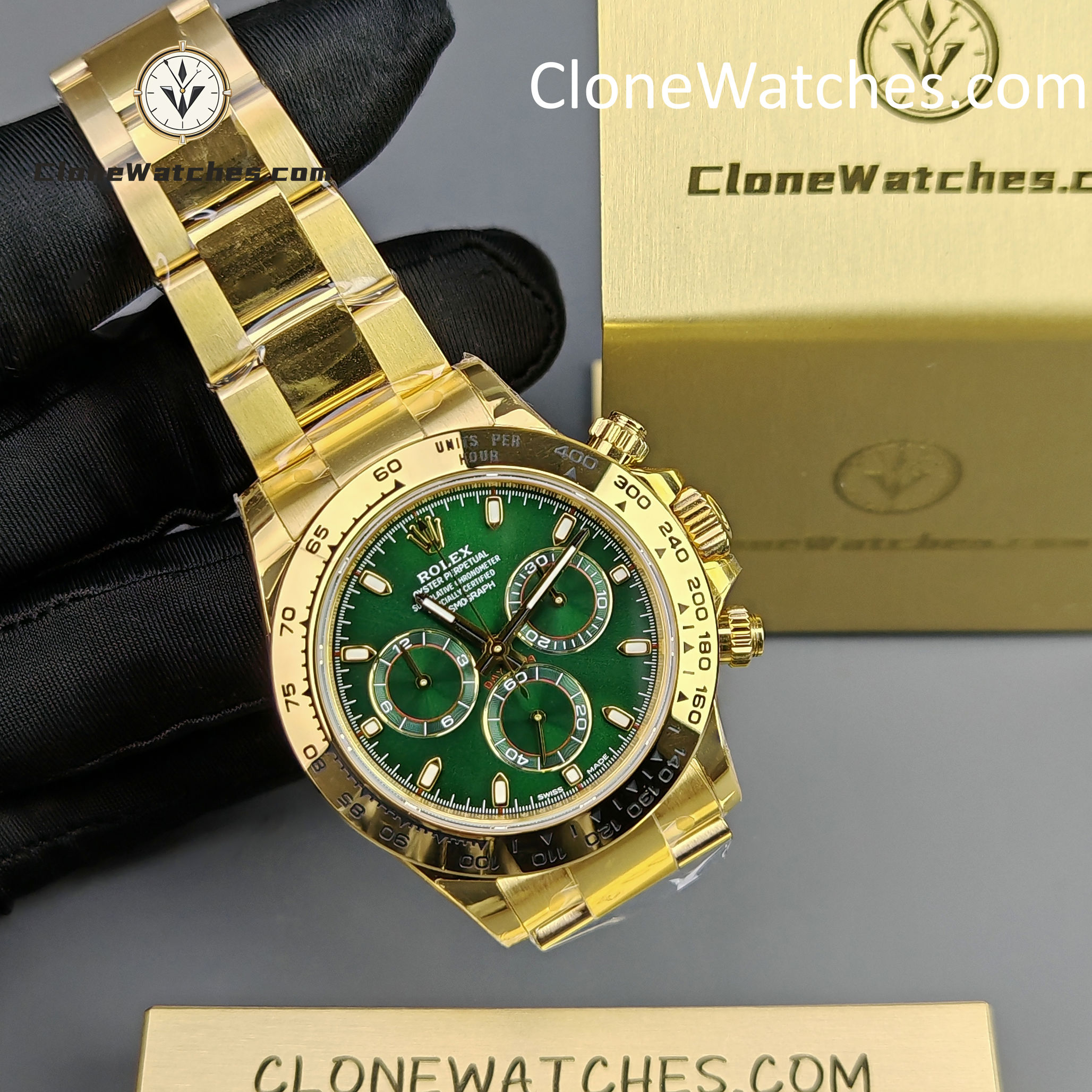 Rolex Super Clone Watches 1:1 Daytona 18K Gold Green Dial M116508-0013 4130 Movement