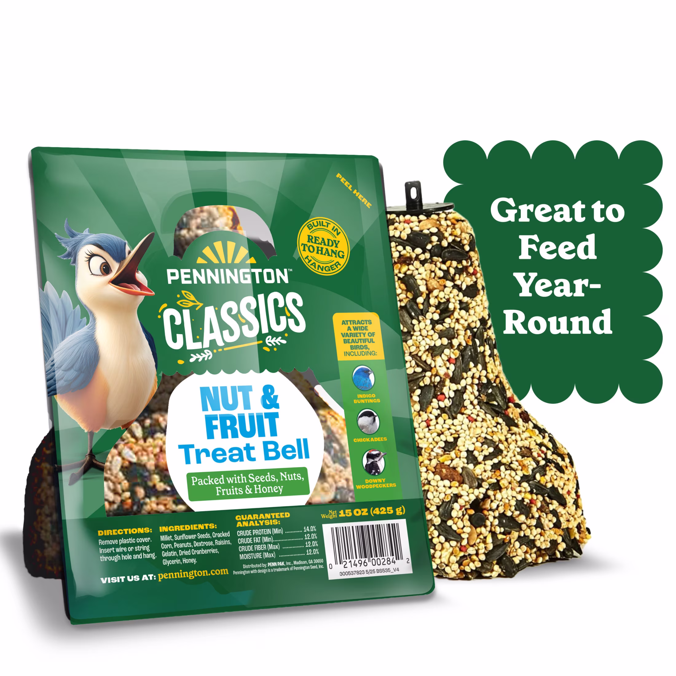 (2 pack) Pennington Nut and Fruit Treat Bell, Wild Bird Feed and Bird Seeds, 15 oz., Dry, 1 Pack
