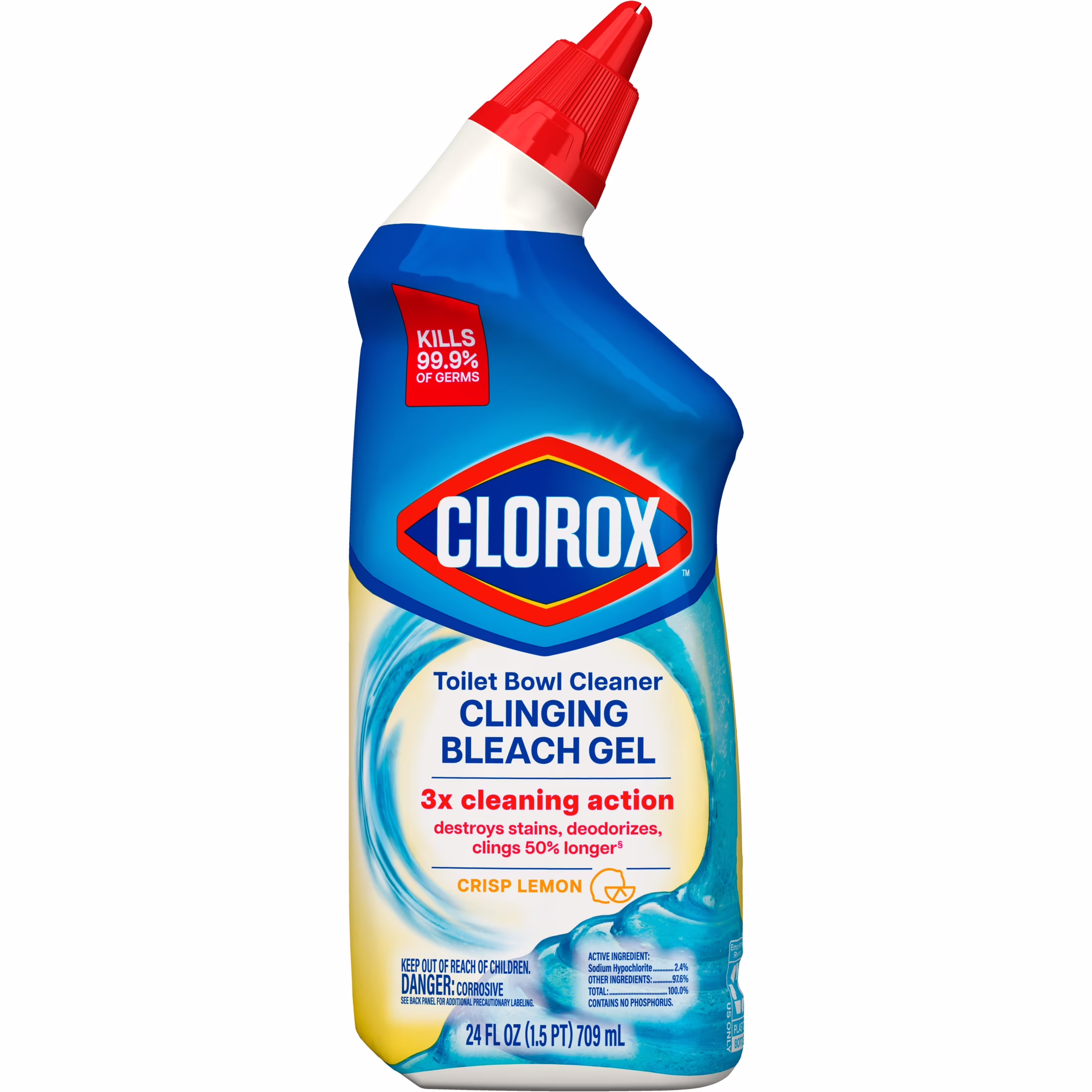 Clorox Toilet Bowl Cleaner Clinging Bleach Gel, Crisp Lemon, 24 fl oz