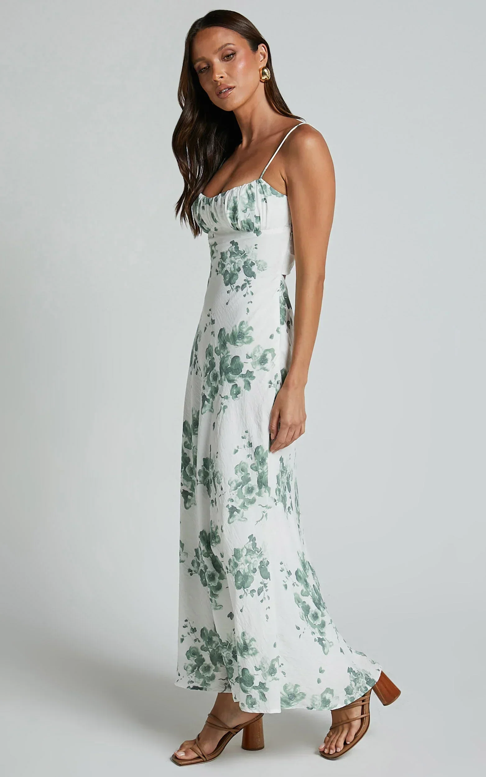 Bettina Midi Dress - Strappy Ruched Bust Slip Dress in Green and White Print