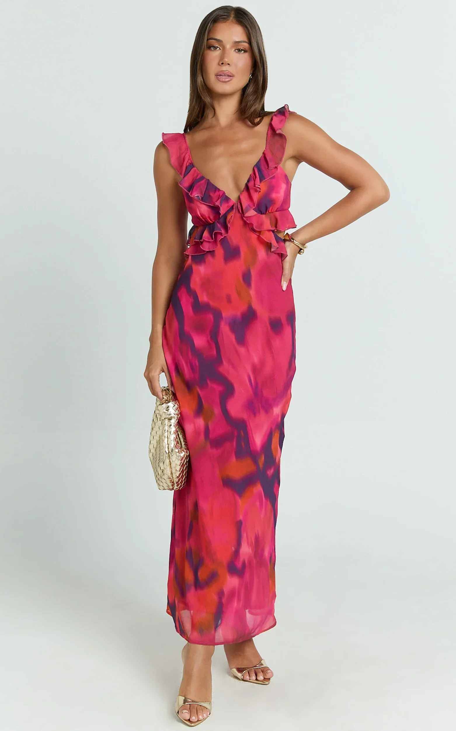 Alessa Maxi Dress - V Neck Frill Detail Empire Waist Back Cut Out Dress in Adeana Print