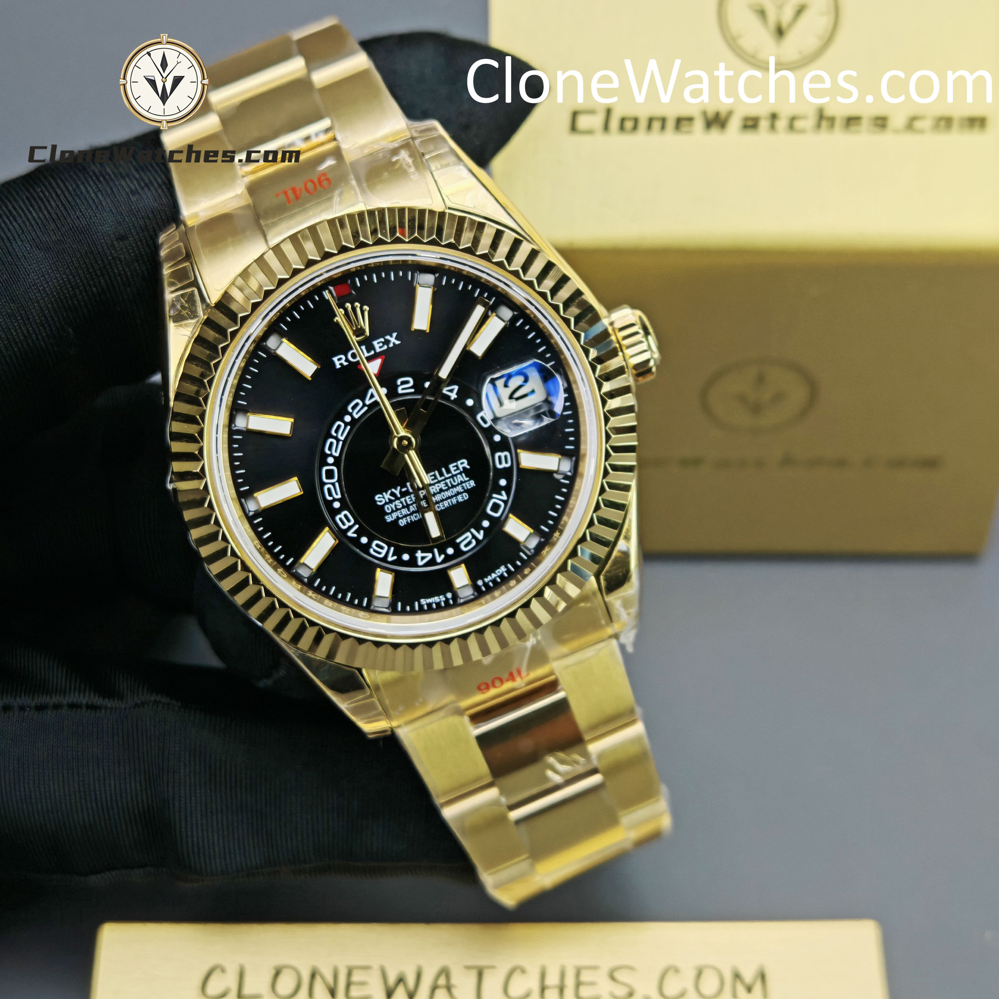 Rolex Super Clone Watches 1:1 Sky Dweller Yellow Gold Black Dial Oyster M336938-0002 9002 Movement