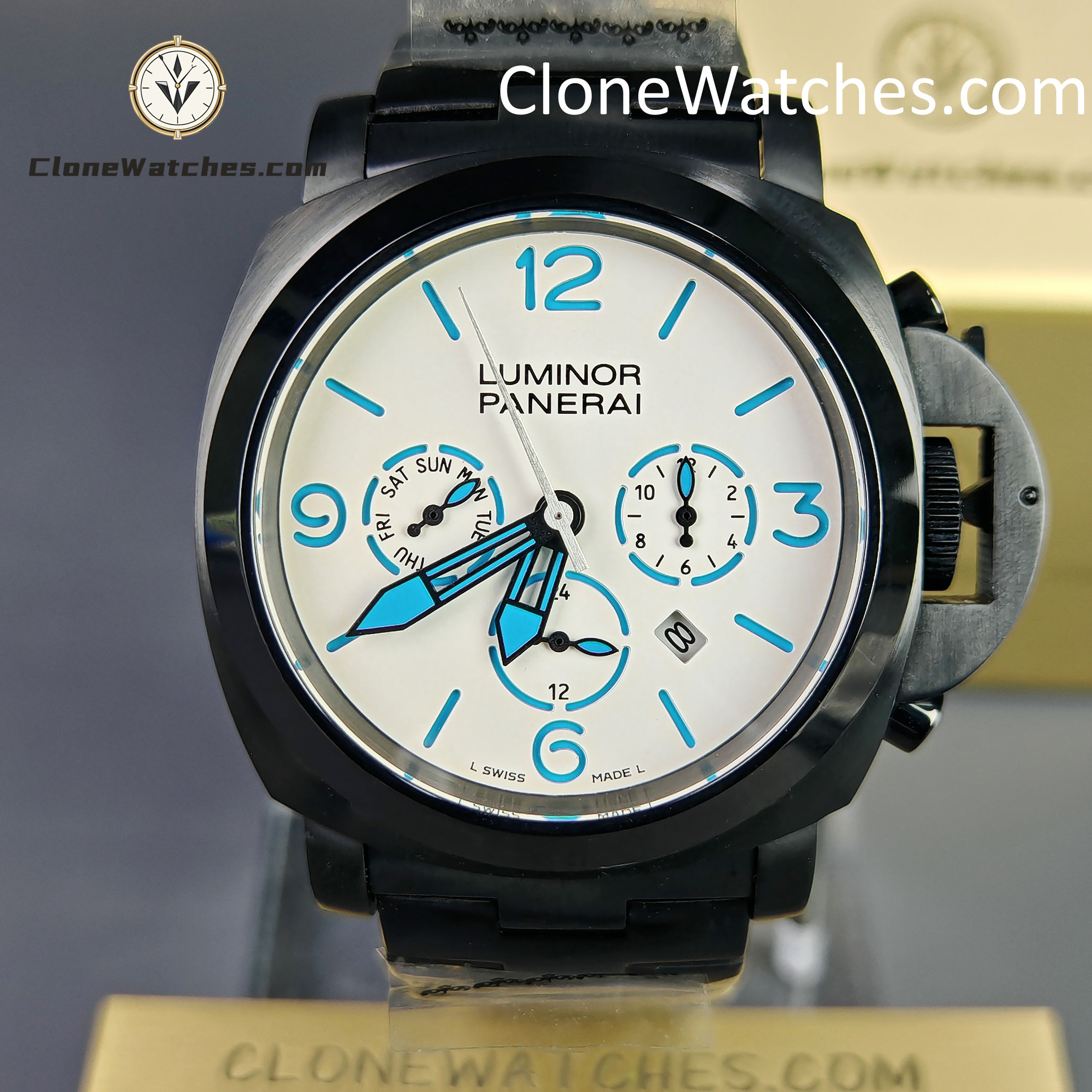 Panerai Super Clone Watches 1:1 White Dial Black Bracelet 44mm