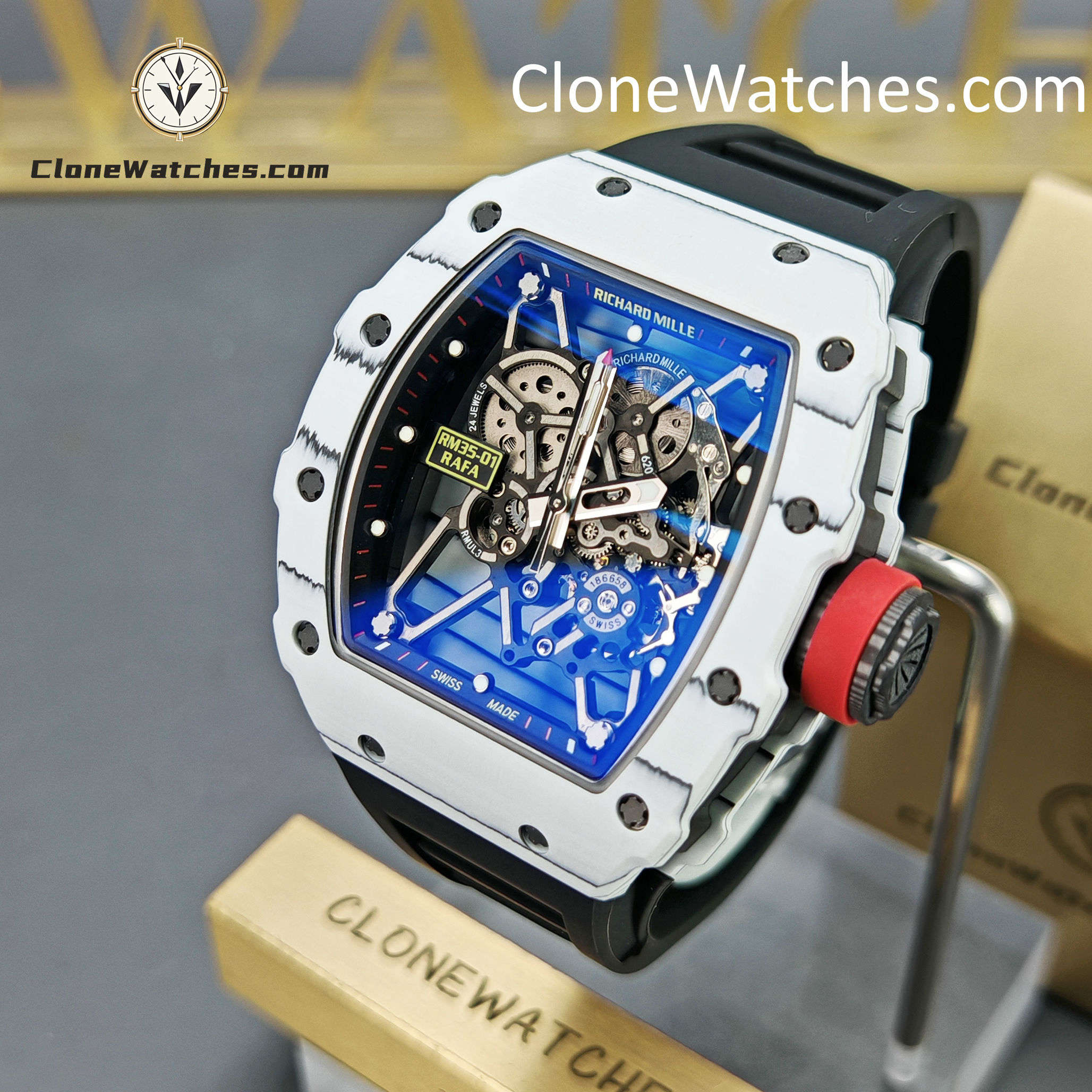 Richard Mille Super Clone Watches 1:1 RM 035 – 01 White Carbon Tourbillon Black Strap