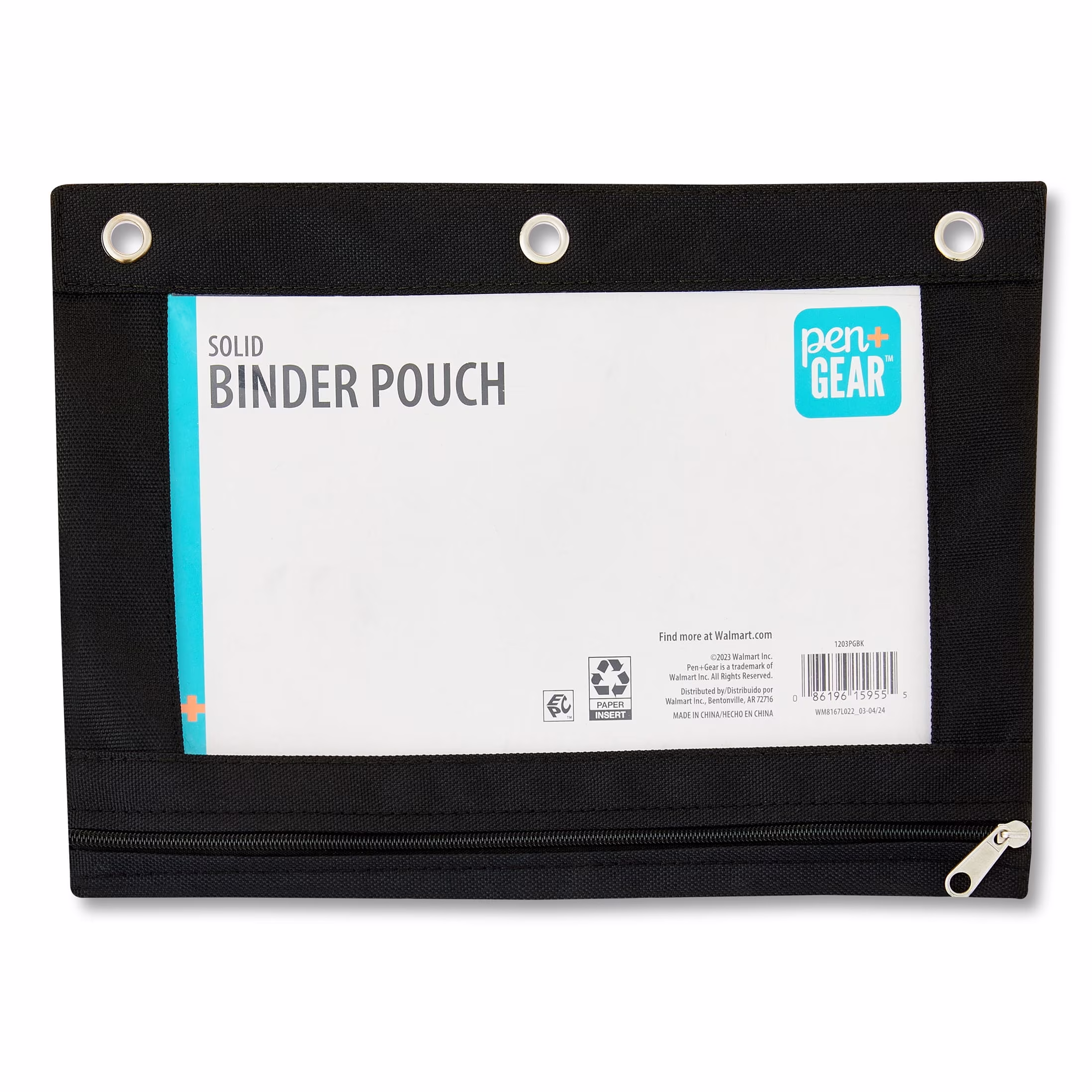 Pen + Gear Black Solid Polyester Zipper Binder Pouch, Pencil Pouch For Binder