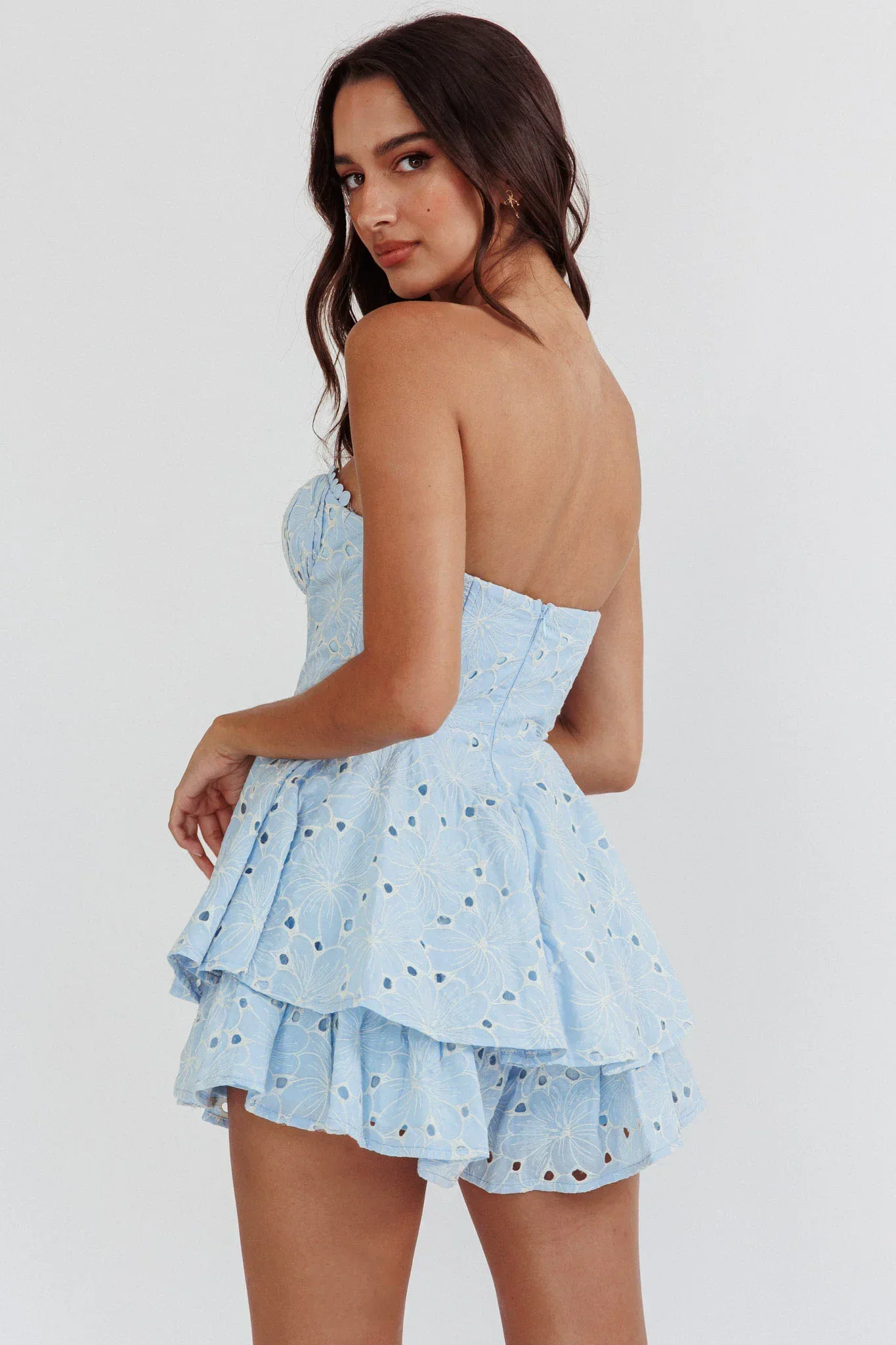 Paris Muse Gathered Bust Embroidered Romper Blue
