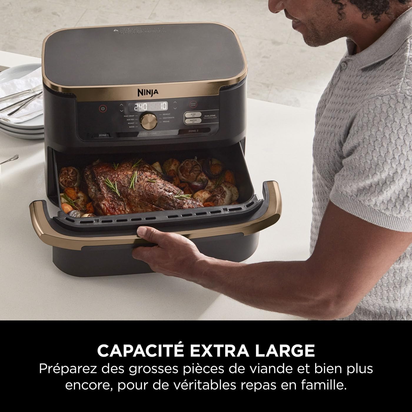 Friteuse air chaud Foodi FlexDrawer 104 L dual zone séparateur amovible 7 en 1 pièces antiadhésives lavables noir cuivre AF500EUCP