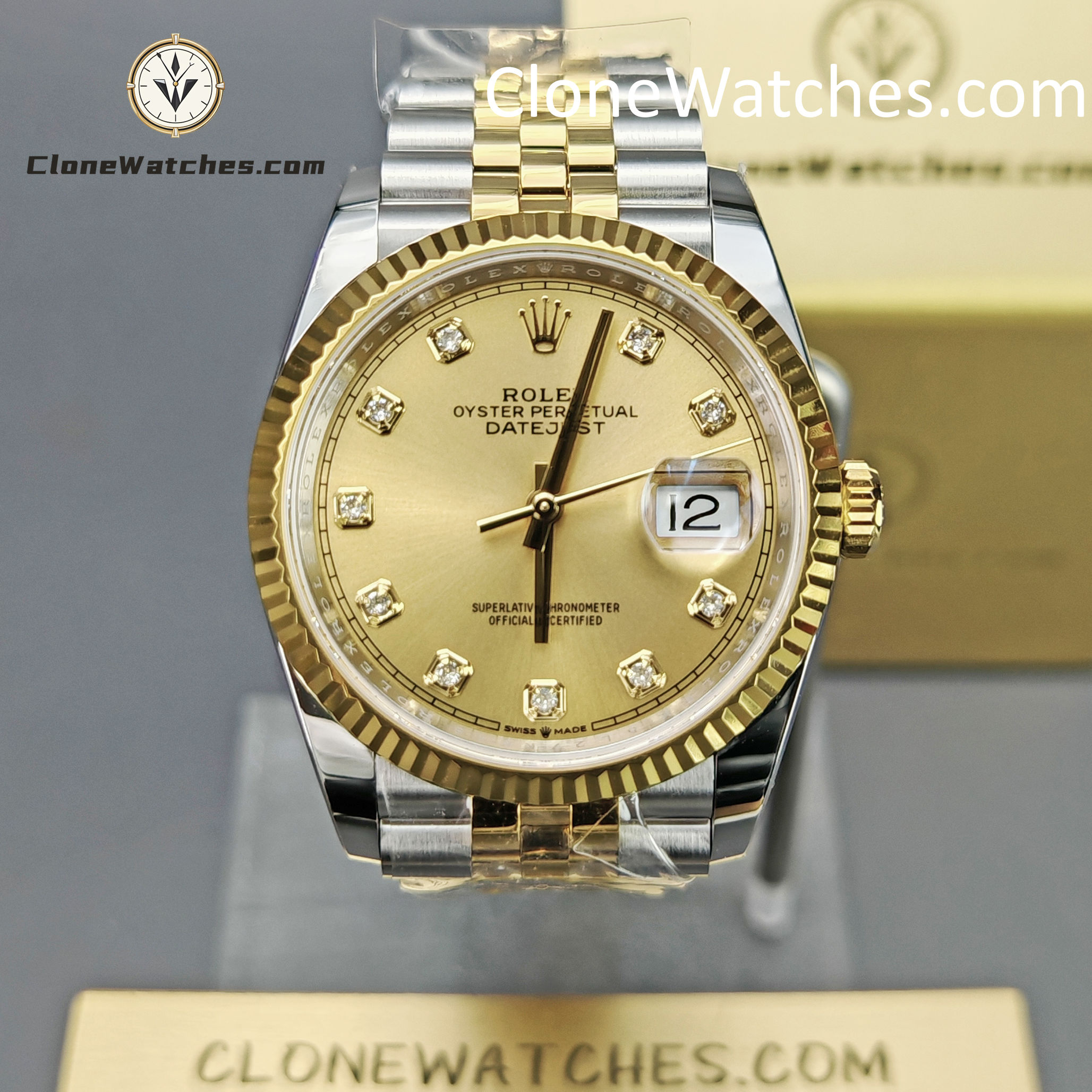 Rolex Super Clone Watches 1:1 DateJust Gold Diamond Dial m126233-0017 Jubilee 36MM 3235 Movement