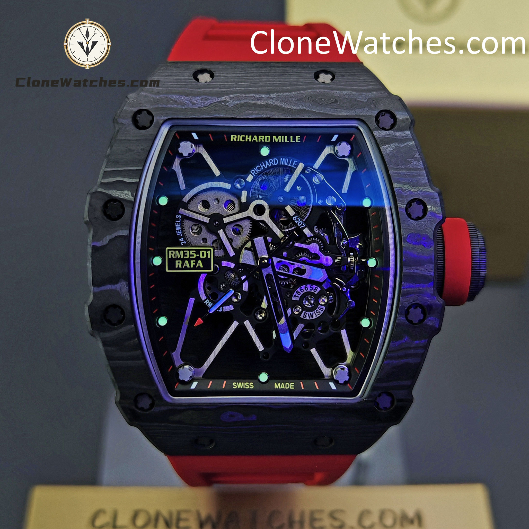 Richard Mille Super Clone Watches 1:1 RM 035 – 01 Carbon Tourbillon Red Strap