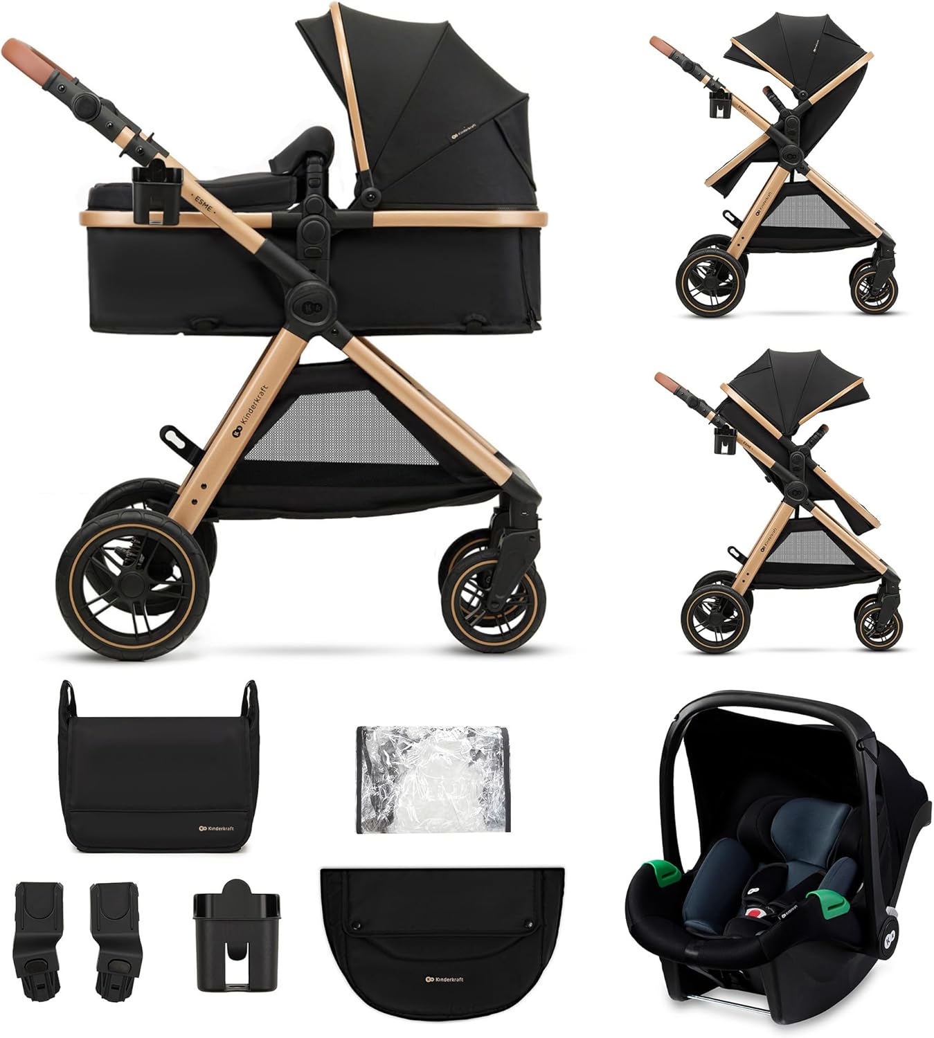 Poussette 3 en 1 ESME porte bébé I Size système voyage pliable nouveau né jusqu’à 4 ans noir