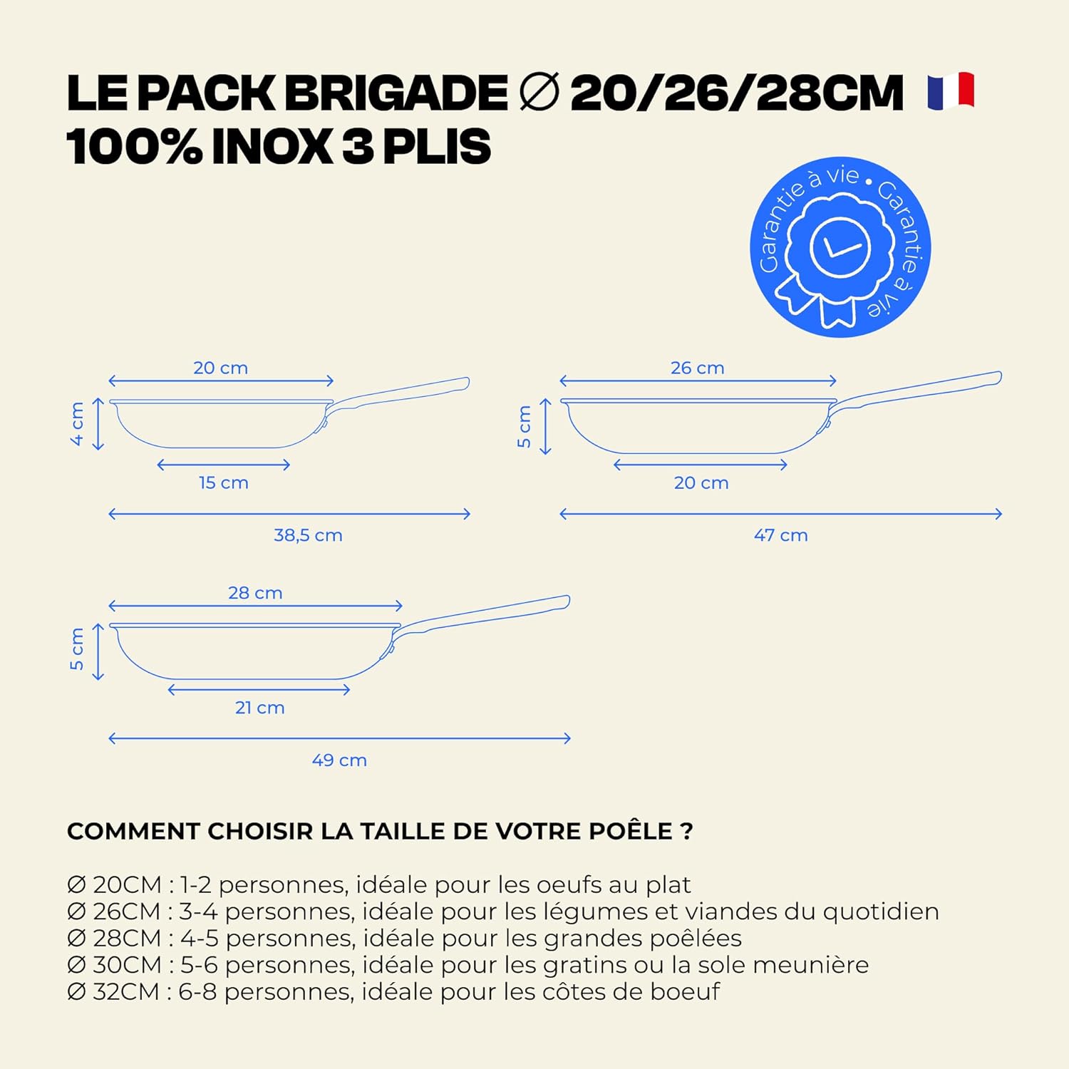 Set 3 poêles inox induction 20 26 28 cm manches rivetés sans PFAS