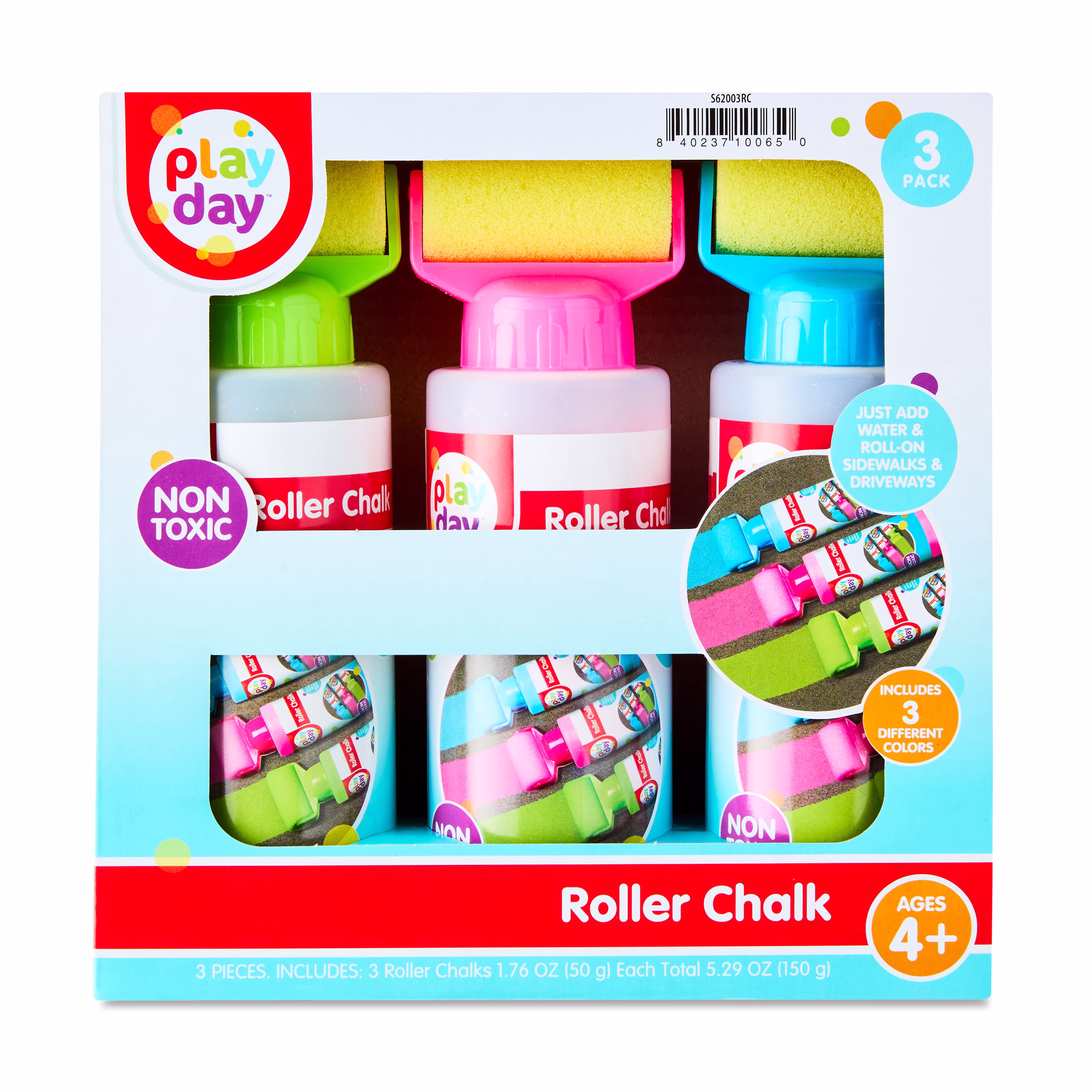 Play Day Roller Chalk Set, 3 Count, Green/Pink/Blue