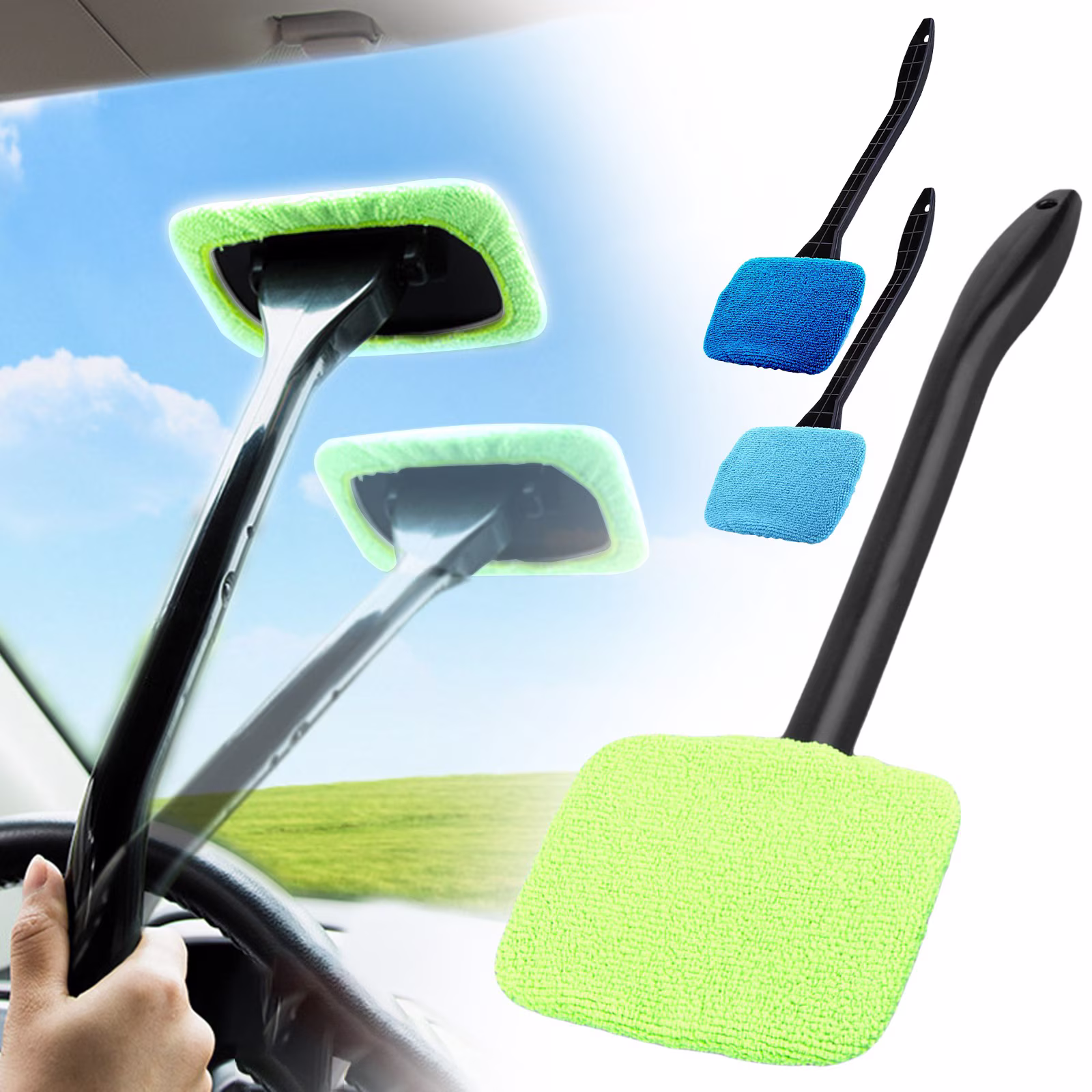 Car Window Cleaner Basdi Multifunctional Car Window Cleaner - Long Handle Windshield Dust and Fog Remover | Ergonomic Grip, Effective on Glass, Essential for Auto Care and Safety, Blue