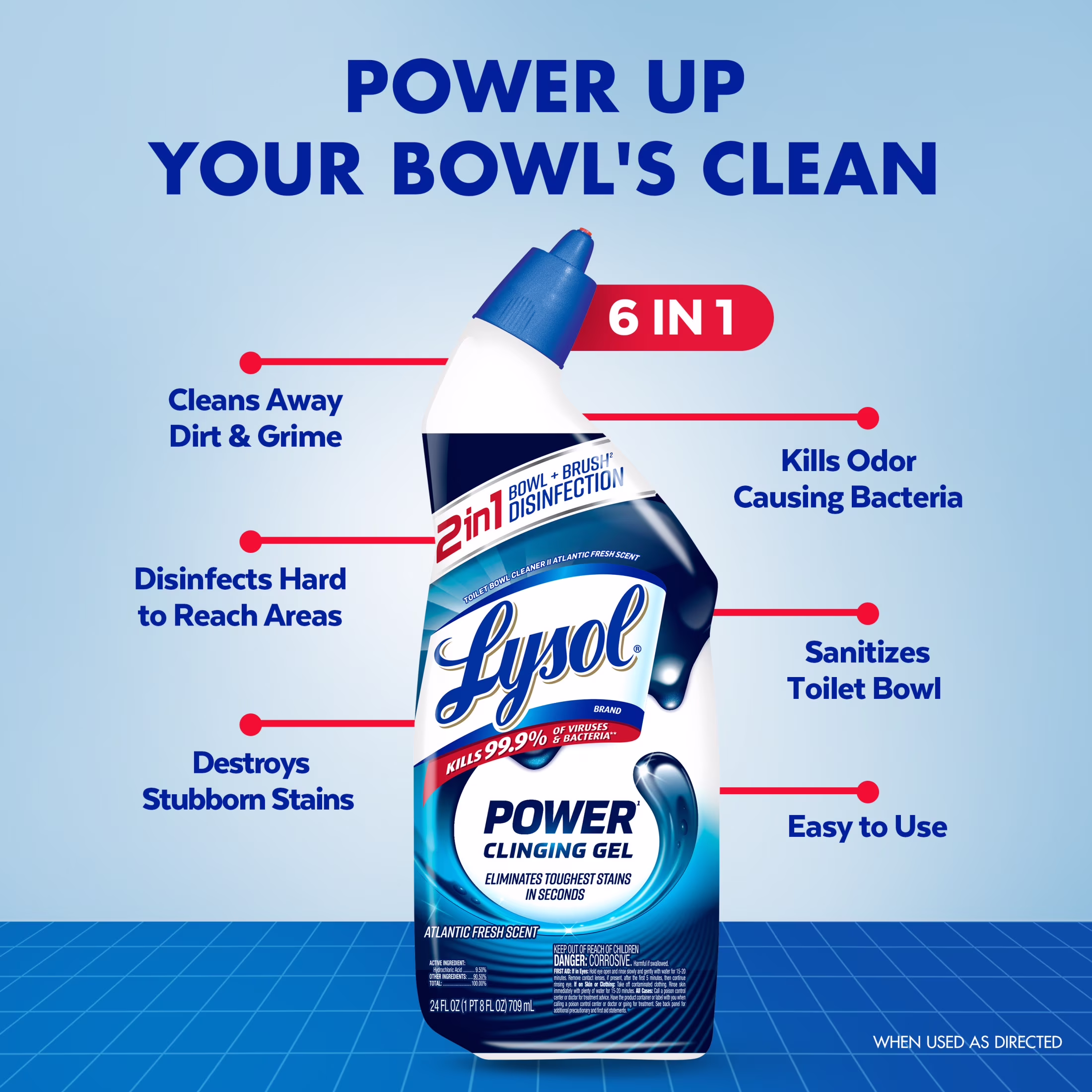 Lysol Toilet Bowl Cleaner Clinging Gel, Power, Disinfecting Bathroom Cleaner and Toilet Bowl Stain Remover, 24 oz (4 Pack)