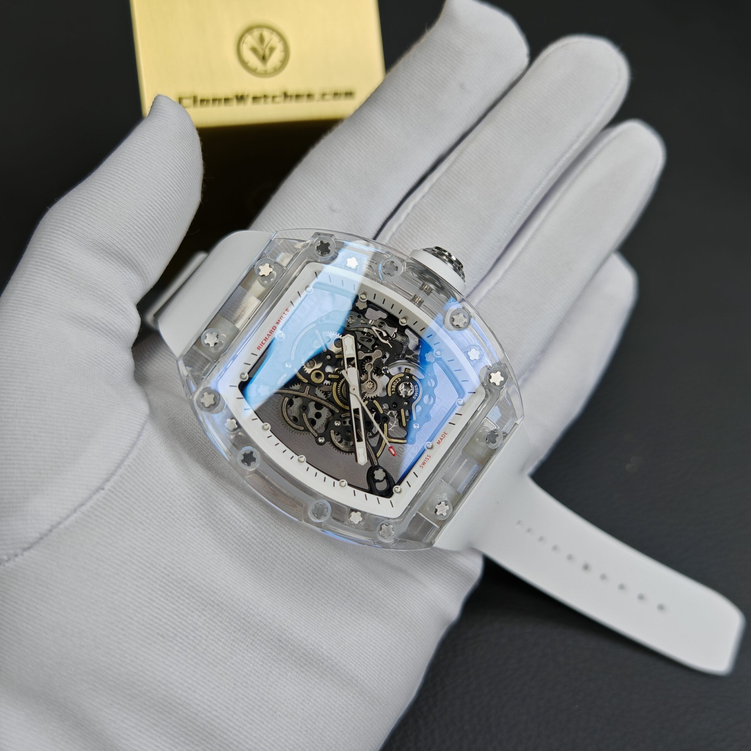 Richard Mille Super Clone Watches 1:1 RM 055 Full Transparent Tourbillon White Strap