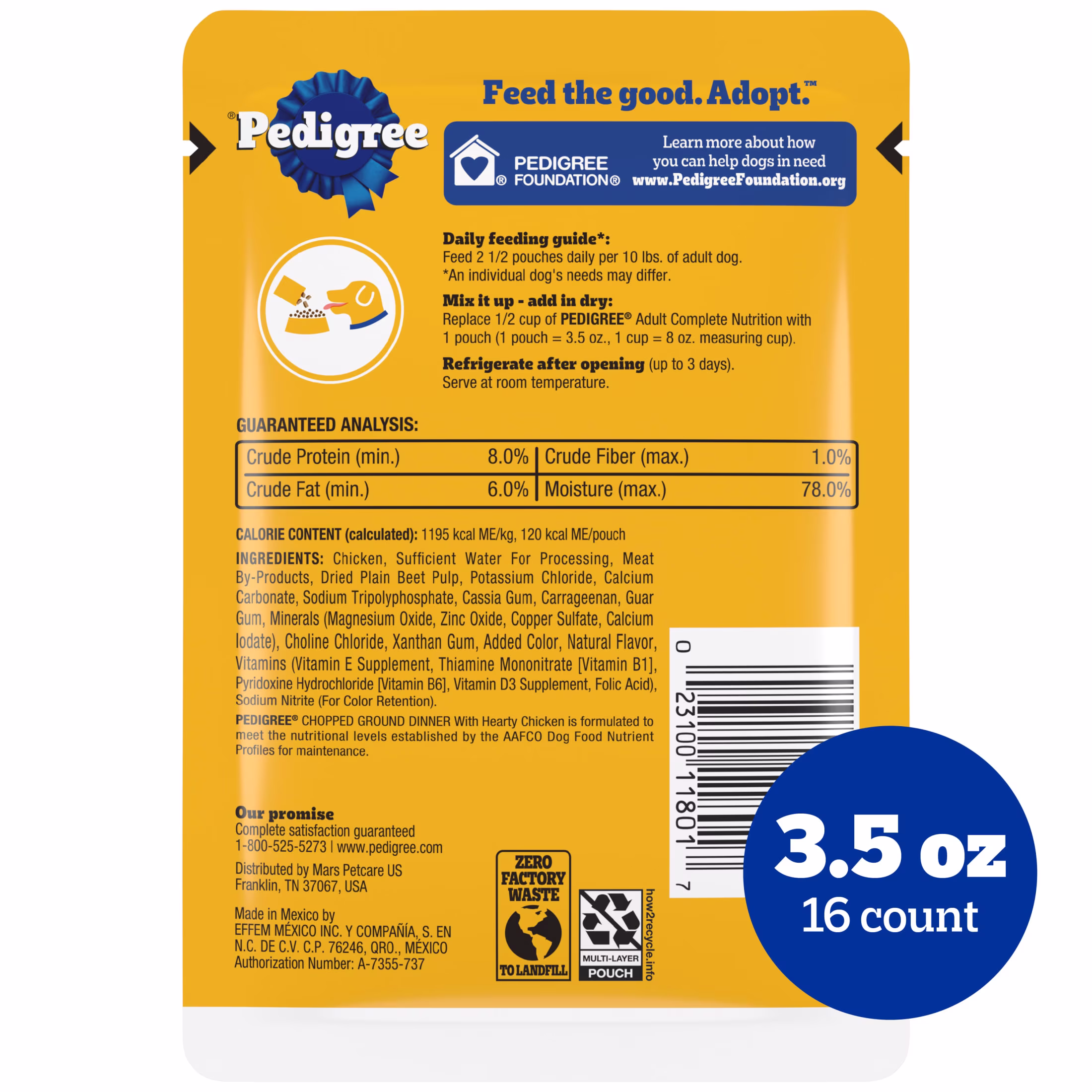 Pedigree Chopped Ground Dinner Wet Dog Food with Hearty Chicken, 3.5 oz Pouch