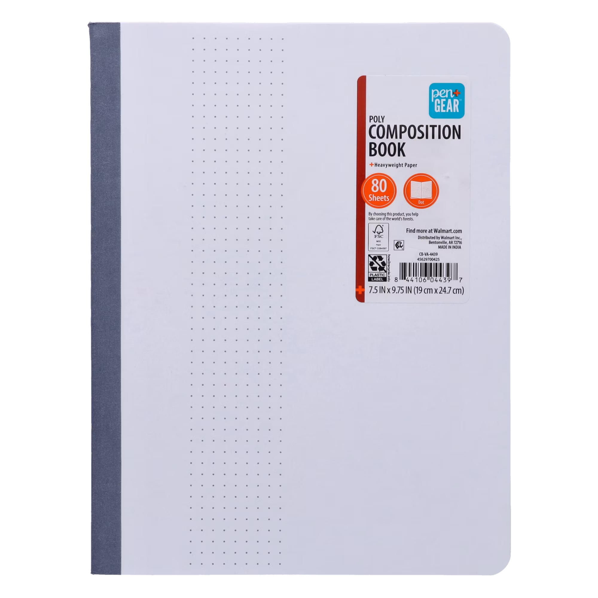 Pen+Gear Poly Cover Dot Ruled Composition Notebook, 7.5 x 9.75 Inches, White, 80 Pages