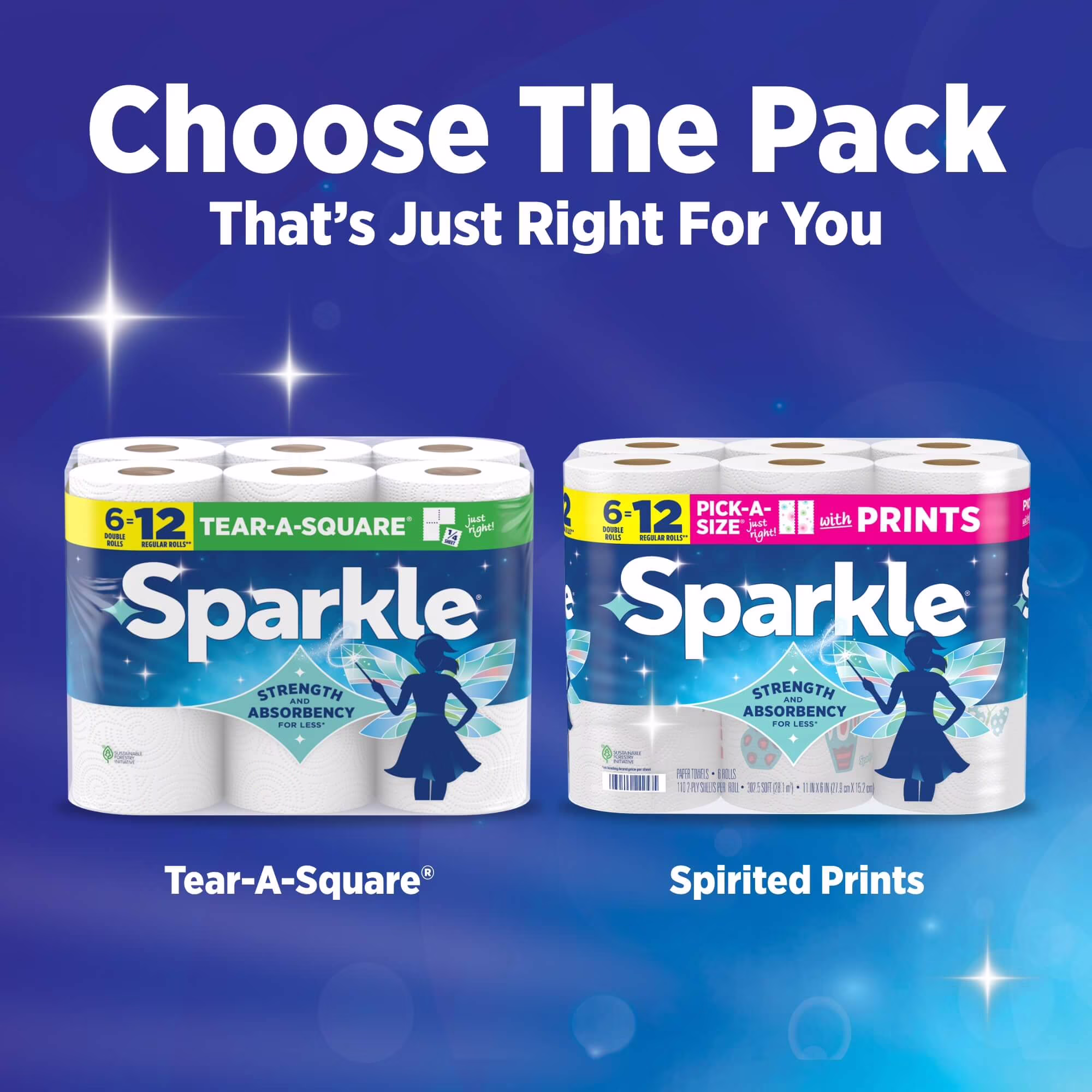 Sparkle Tear-A-Square Paper Towels, 2 Double Rolls, 110 Sheets per Roll