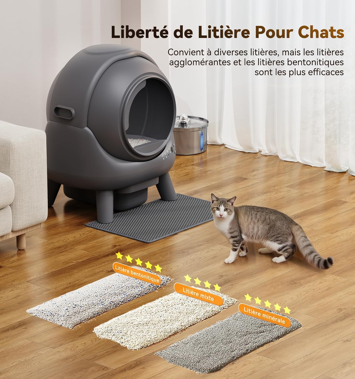 Litière chat autonettoyante bac automatique anti odeur contrôle app capacité 65L