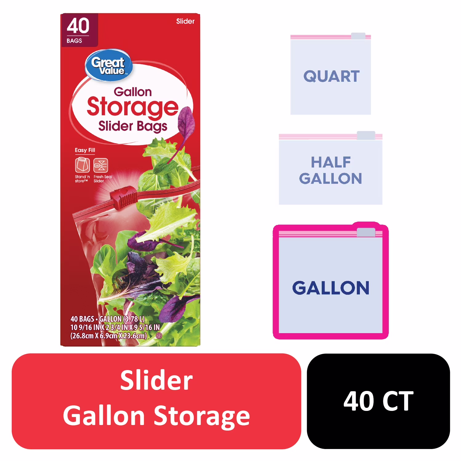 Great Value Fresh Seal Slider Zipper Storage Bags, Gallon, 40 Count