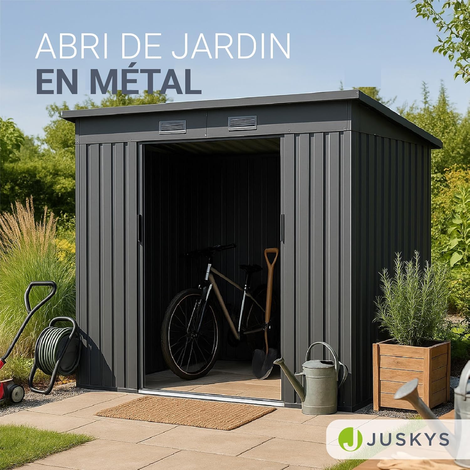Abri métallique M gris foncé fondation porte coulissante verrouillable jardin stockage