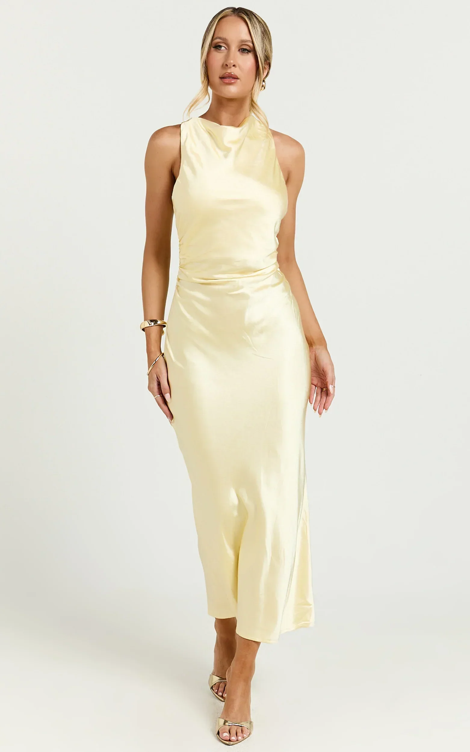 Aluna Midi Dress - High Neck Cross Back Satin Slip Dress in Lemon
