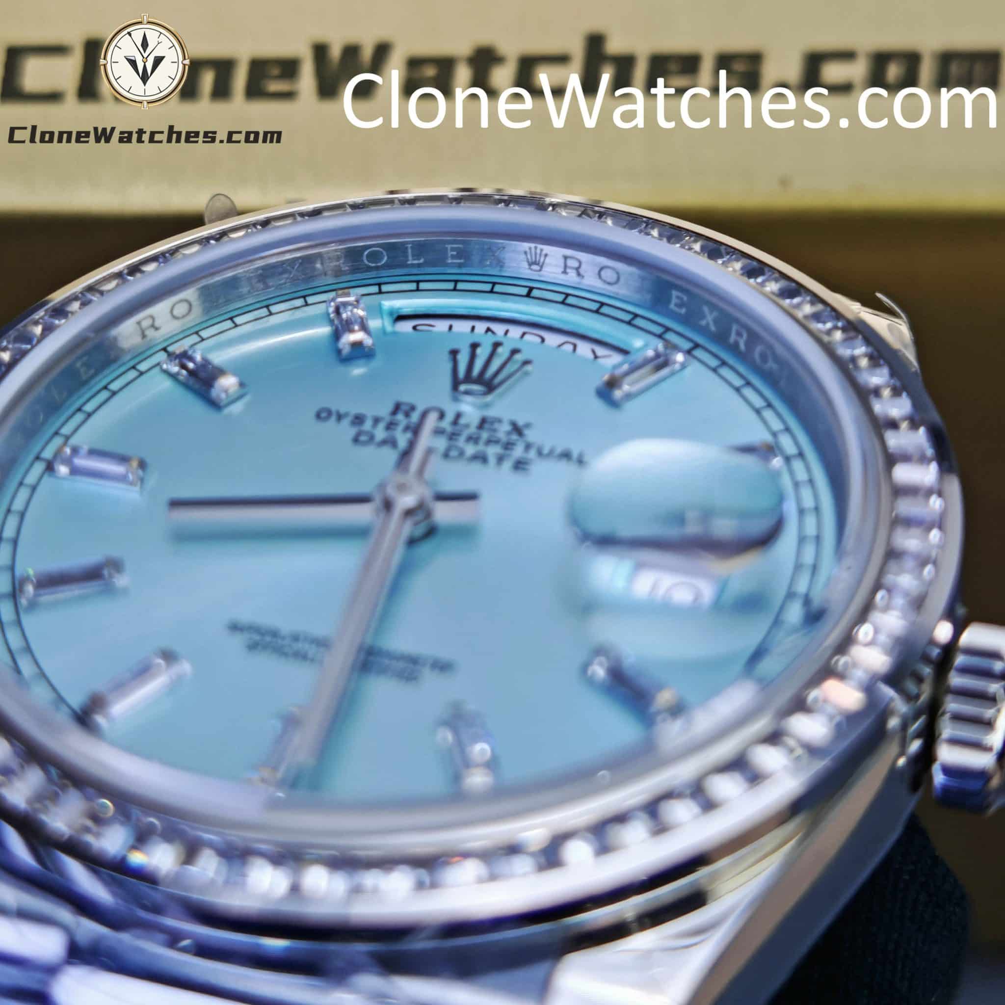 Rolex Super Clone Watches 1:1 Day Date Ice Blue Diamond Bezel Dial 36mm m128396tbr-0003 3255 Movement
