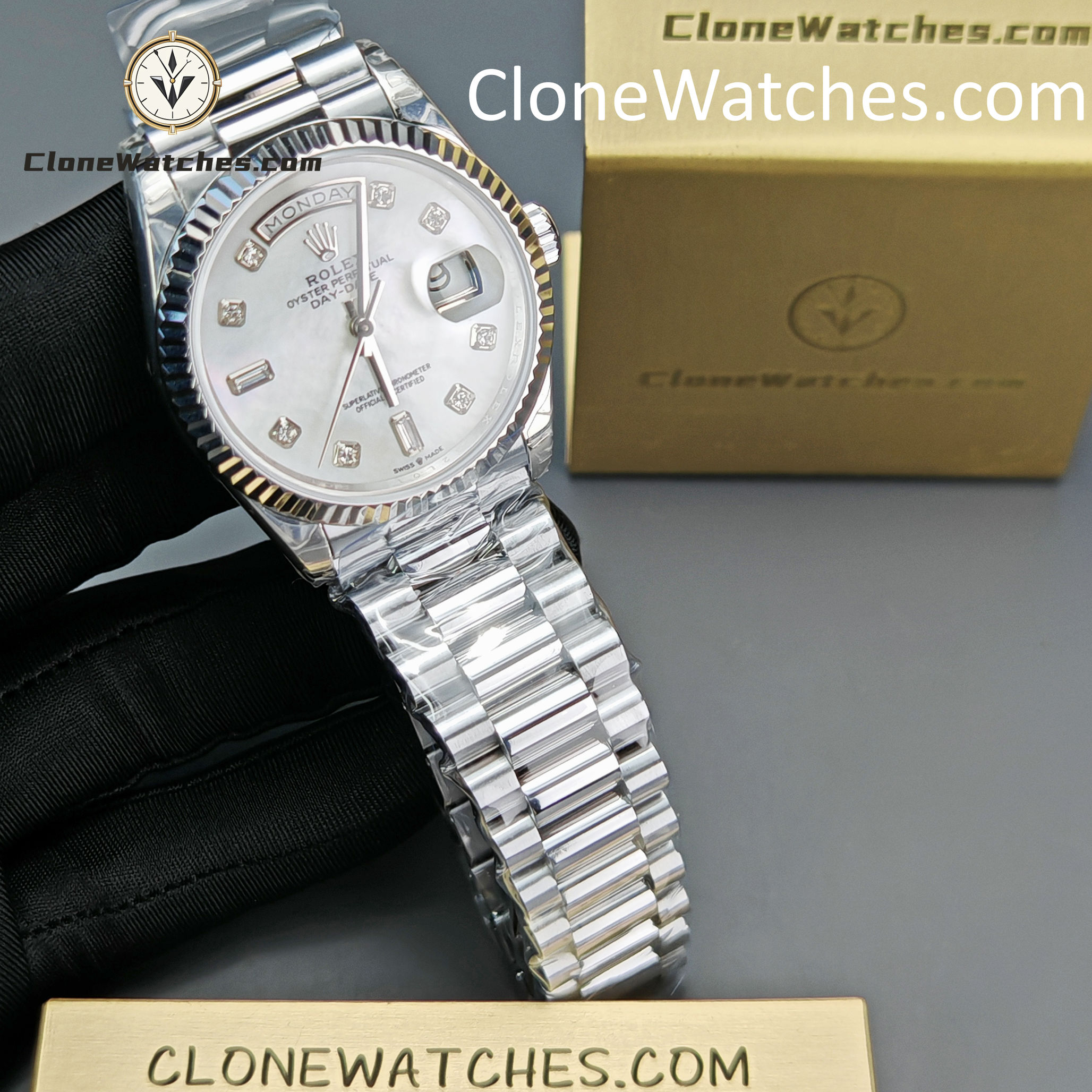 Rolex Super Clone Watches 1:1 Day Date Mother of Pearl Diamond Dial 36 mm m128239 – 0007 3255 Movement