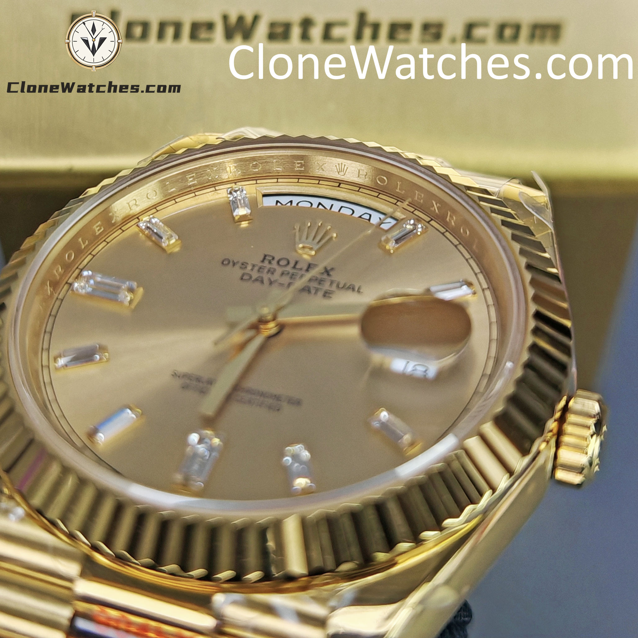 Rolex Super Clone Watches 1:1 Day Date 18K Gold Diamond Dial 40mm m228238-0005 3255 Movement