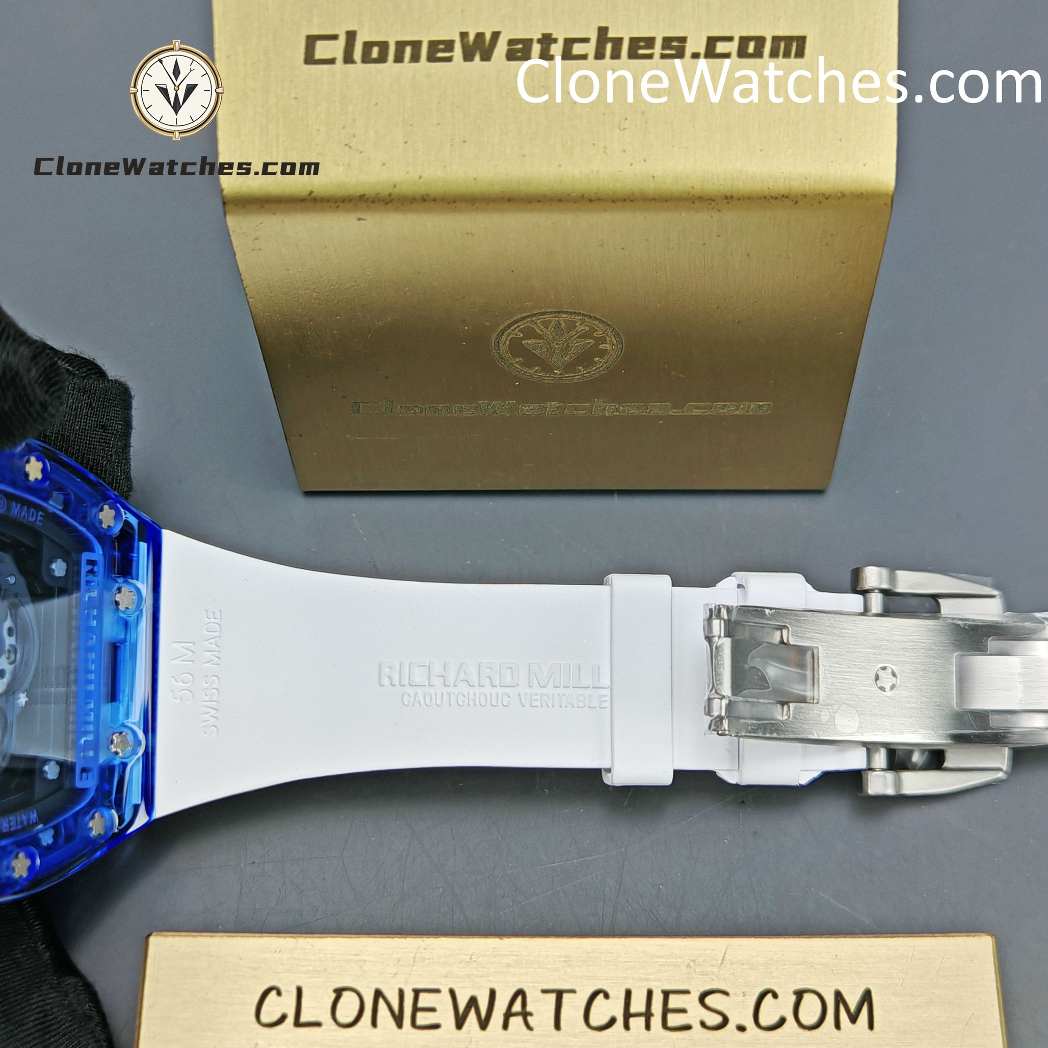 Richard Mille Super Clone Watches 1:1 RM 035 Blue Crystal Tourbillon Transparent Strap