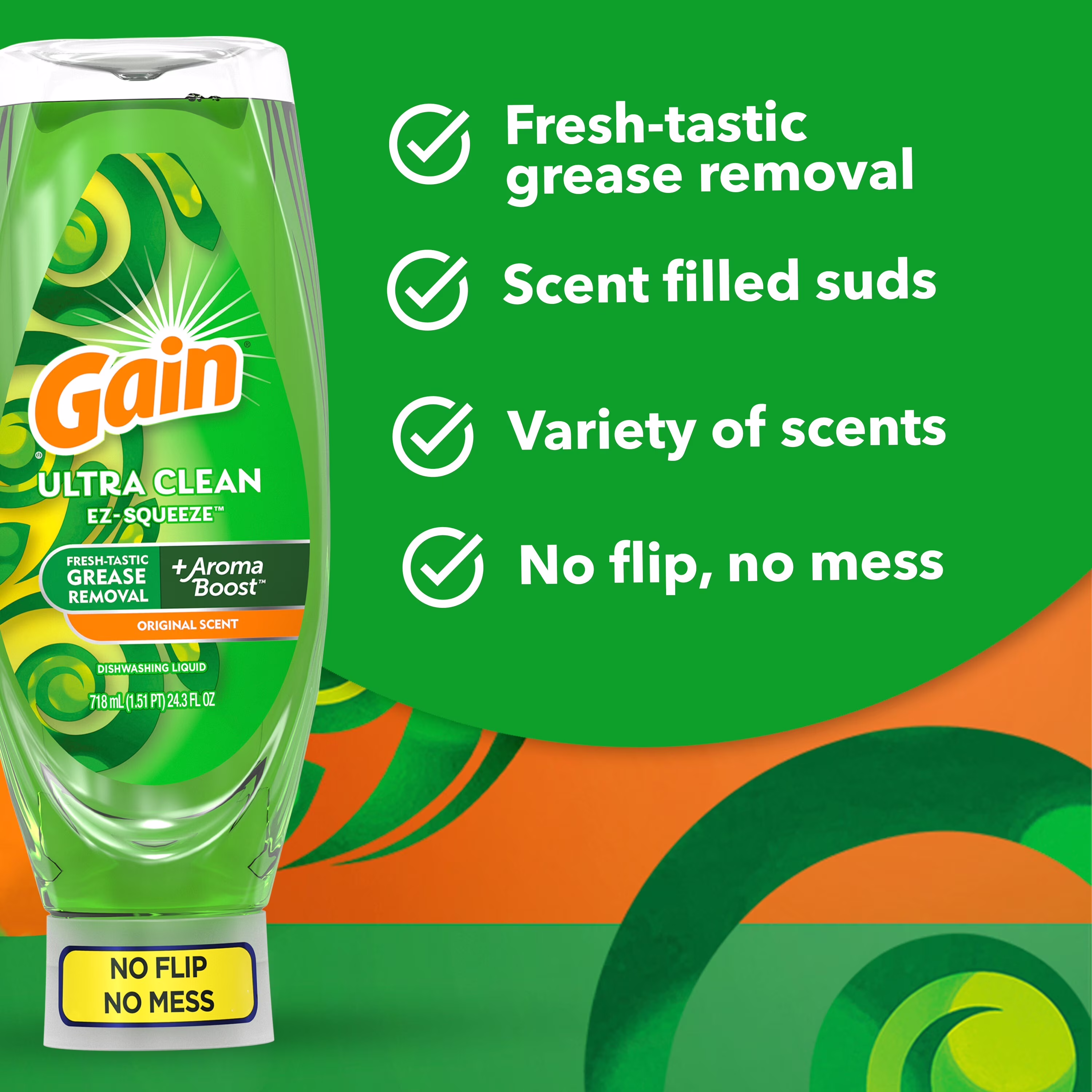 Gain Ultra EZ-Squeeze Dish Soap, Dishwashing Liquid, Grease Removal, Summer Watermelon, 14.7oz