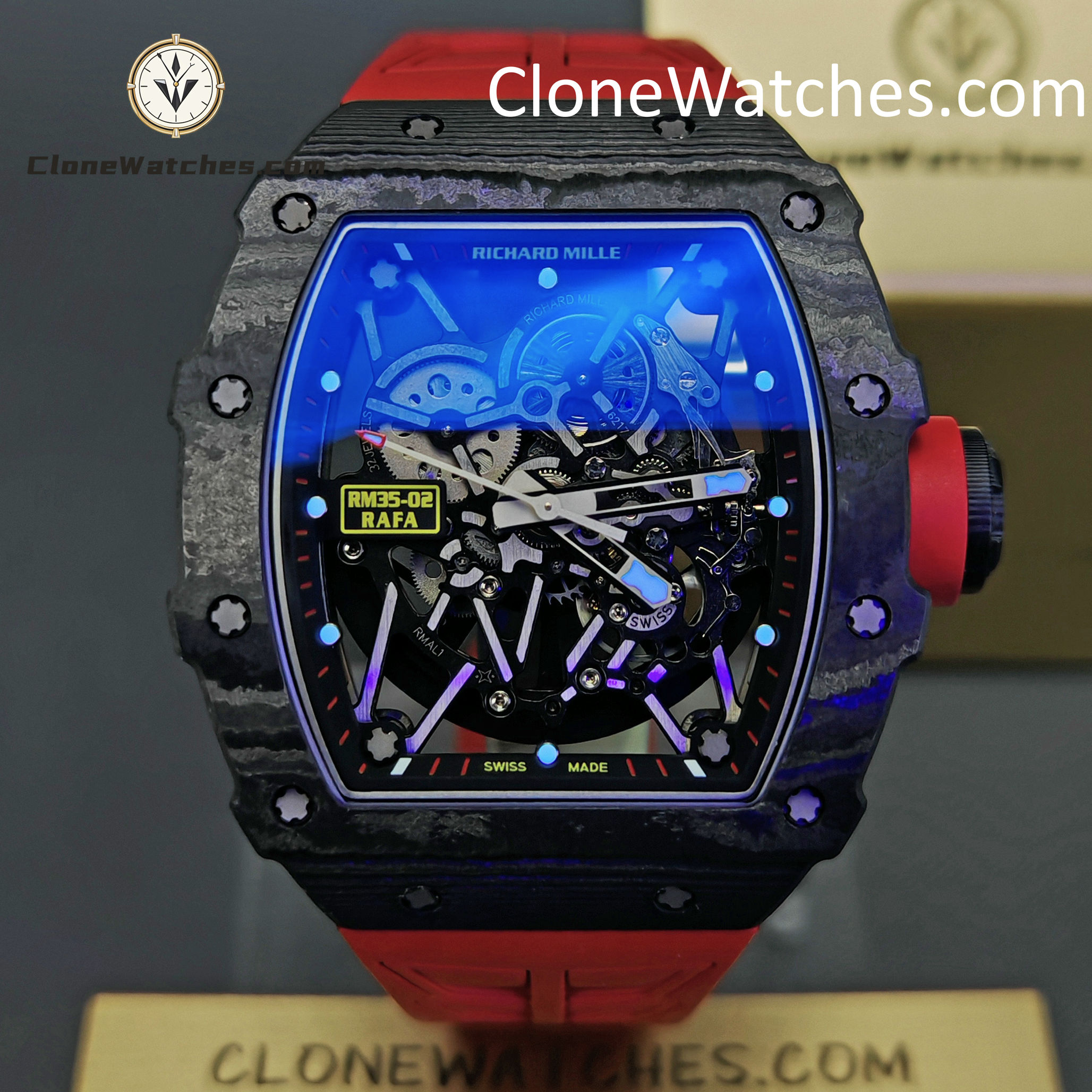 Richard Mille Super Clone Watches 1:1 RM 035 – 02 NTPT Carbon Fiber Red Rubber Strap