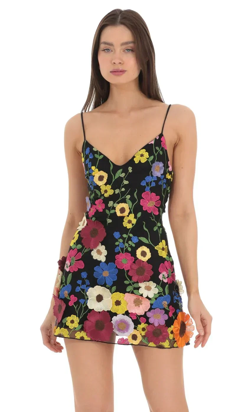 3-D Flower V-Neck Dress in Black