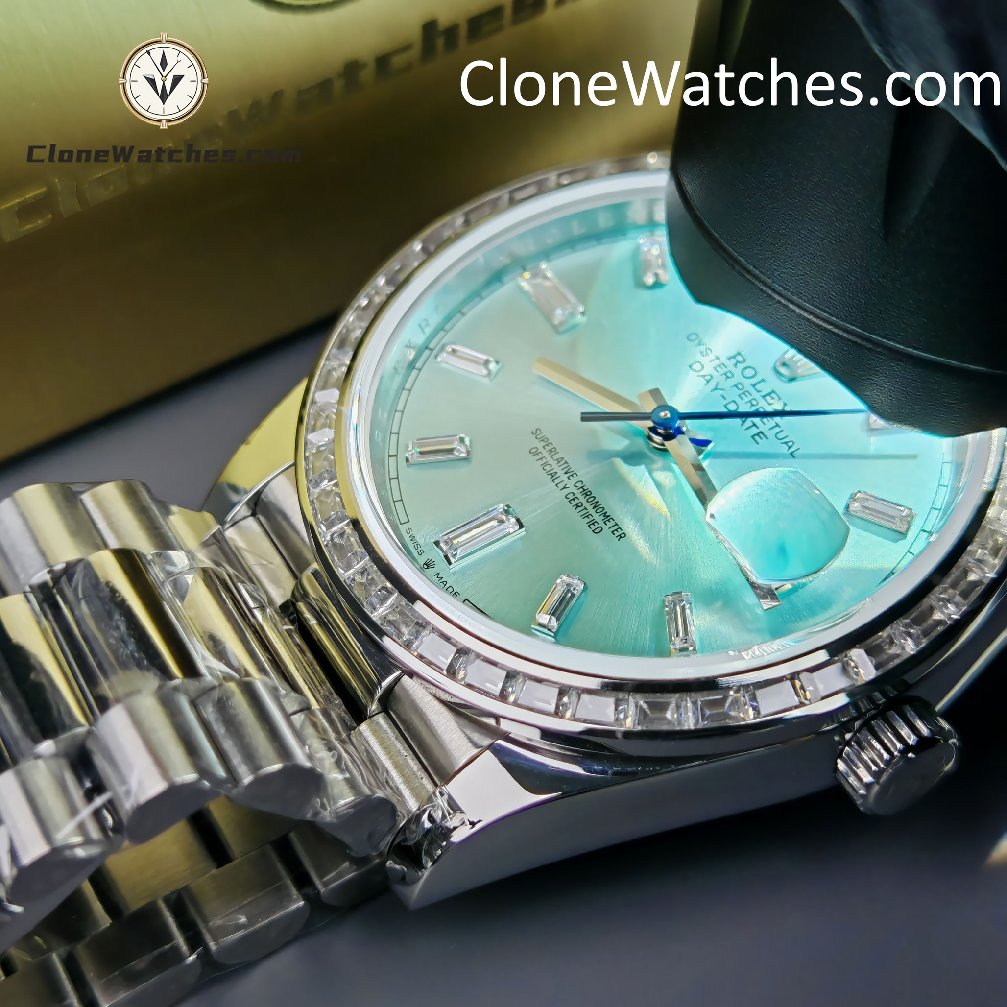 Rolex Super Clone Watches 1:1 Day Date Ice Blue Diamond Bezel Dial 40mm 228396TBR 3255 Movement