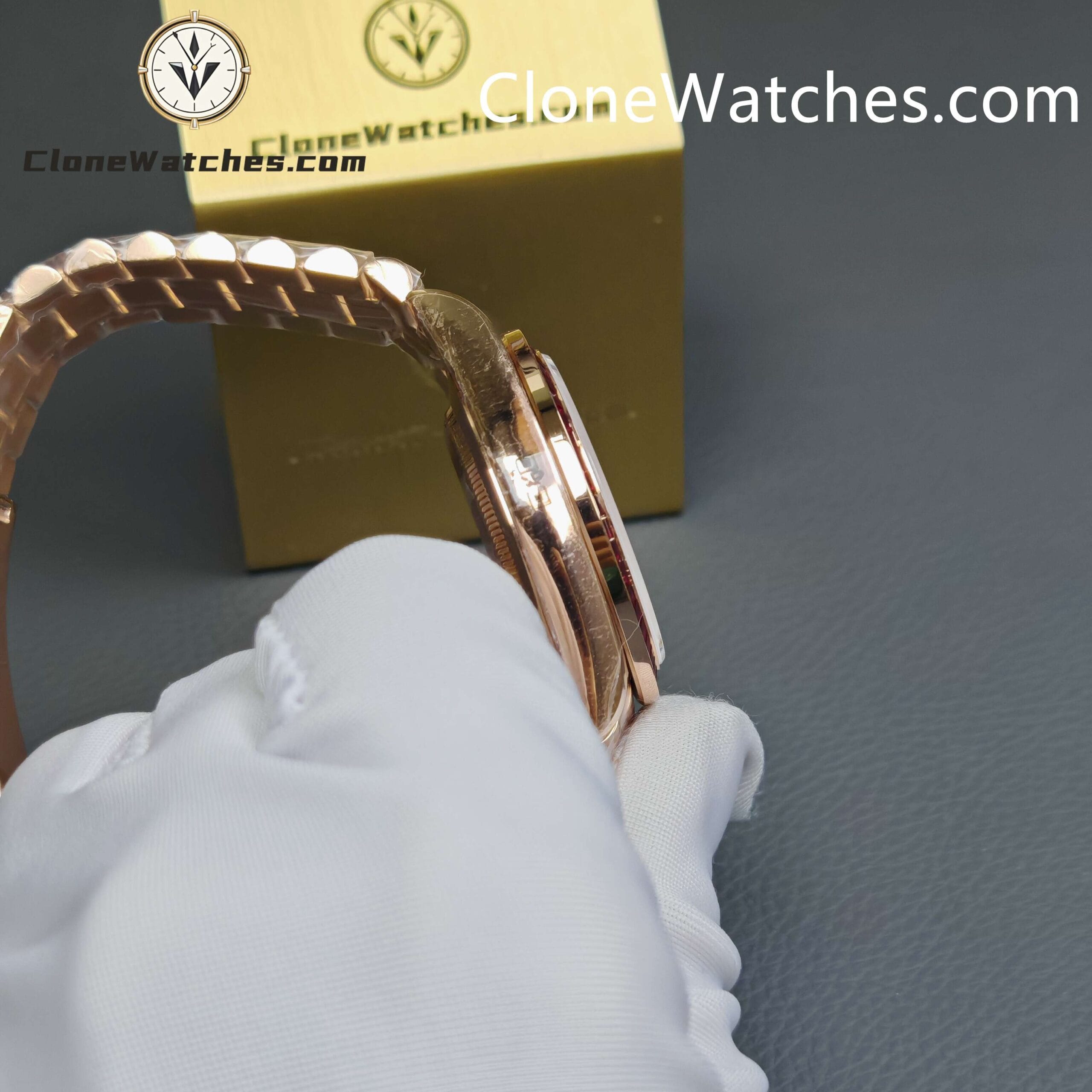 Modified Super Clone Watches 1:1 Rolex Rose Gold Day Date Rainbow Circle 3255 Movement