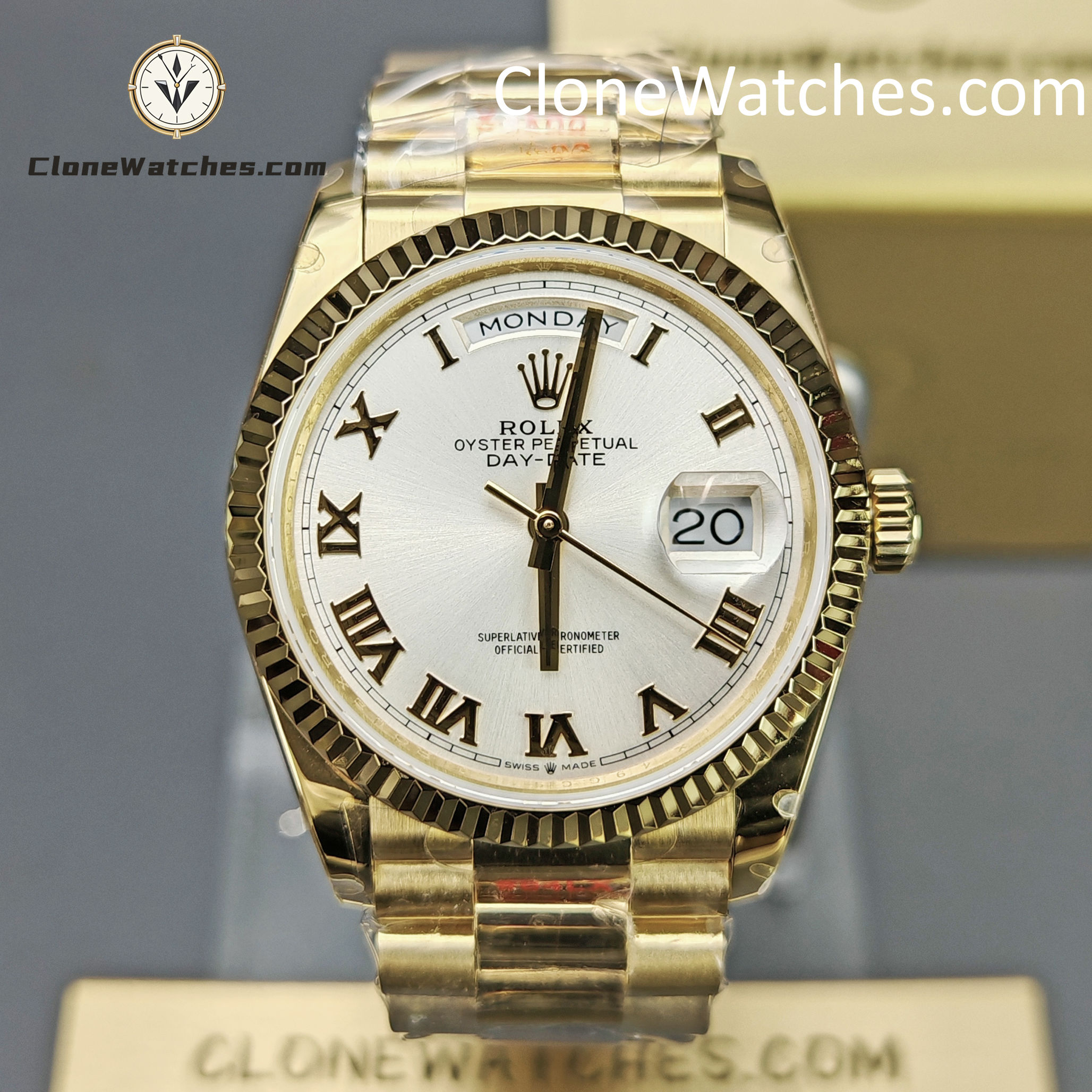 Rolex Super Clone Watches 1:1 Day Date 18K Gold White Dial 36mm m128238-0076 3255 Movement