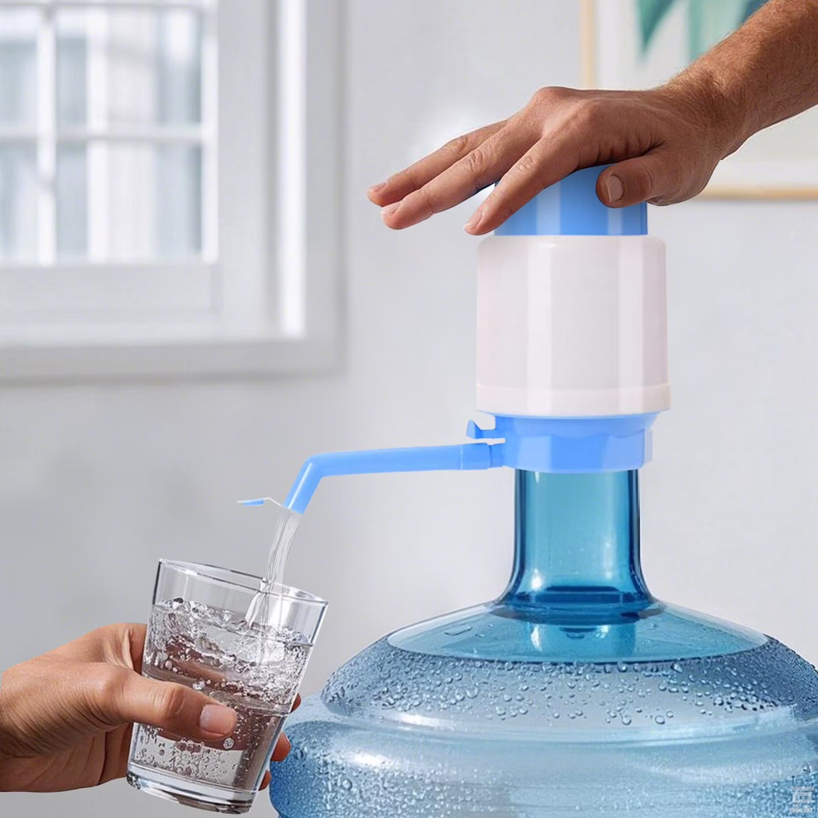 Manual Hand-Operated Water Dispenser for 5-Gallon Bottles - Portable Drinking Water Pump System for Home and Office Use - Light blue