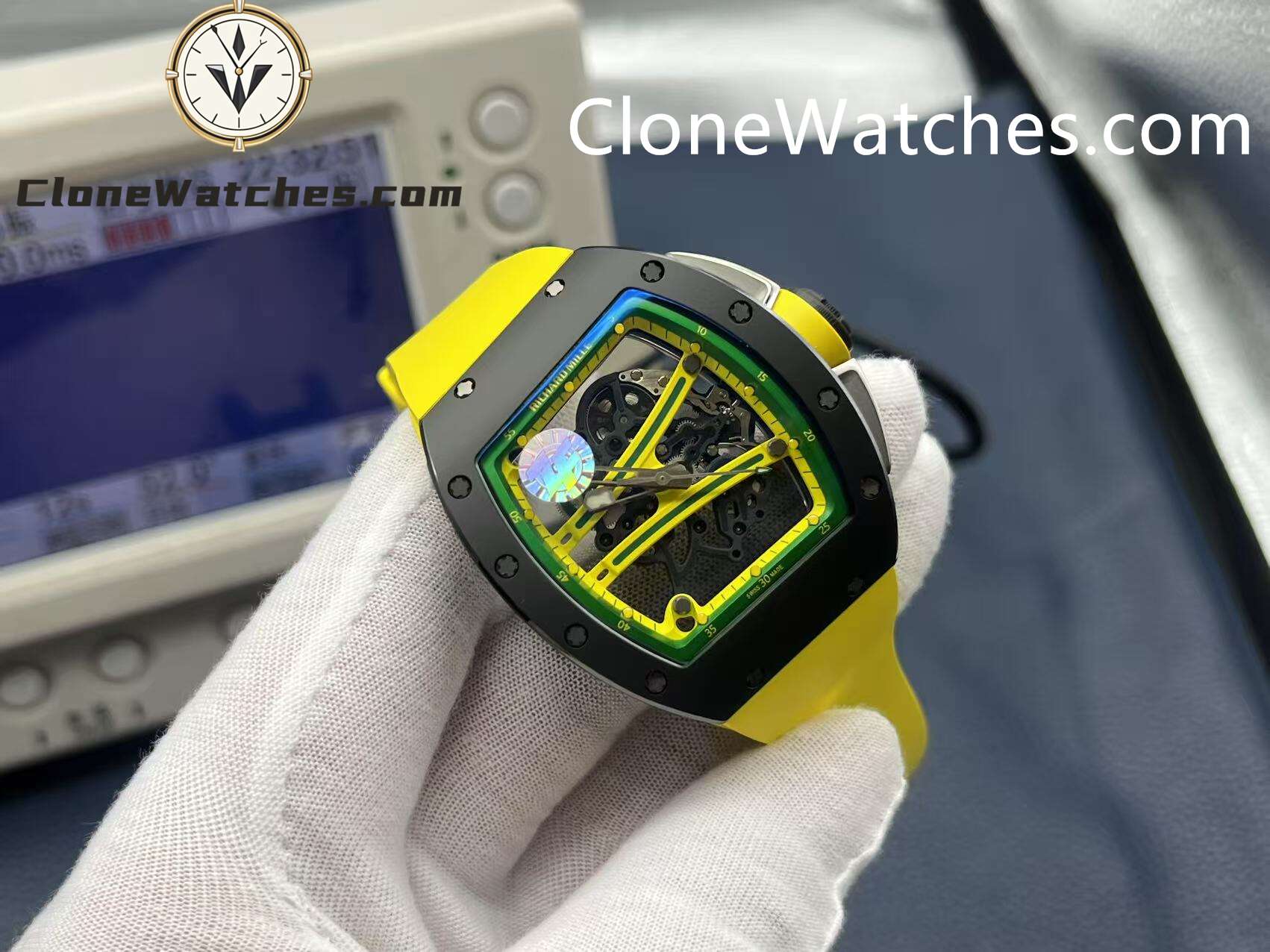 Richard Mille Super Clone Watches 1:1 RM 61-01 Black Tourbillon Yellow Strap