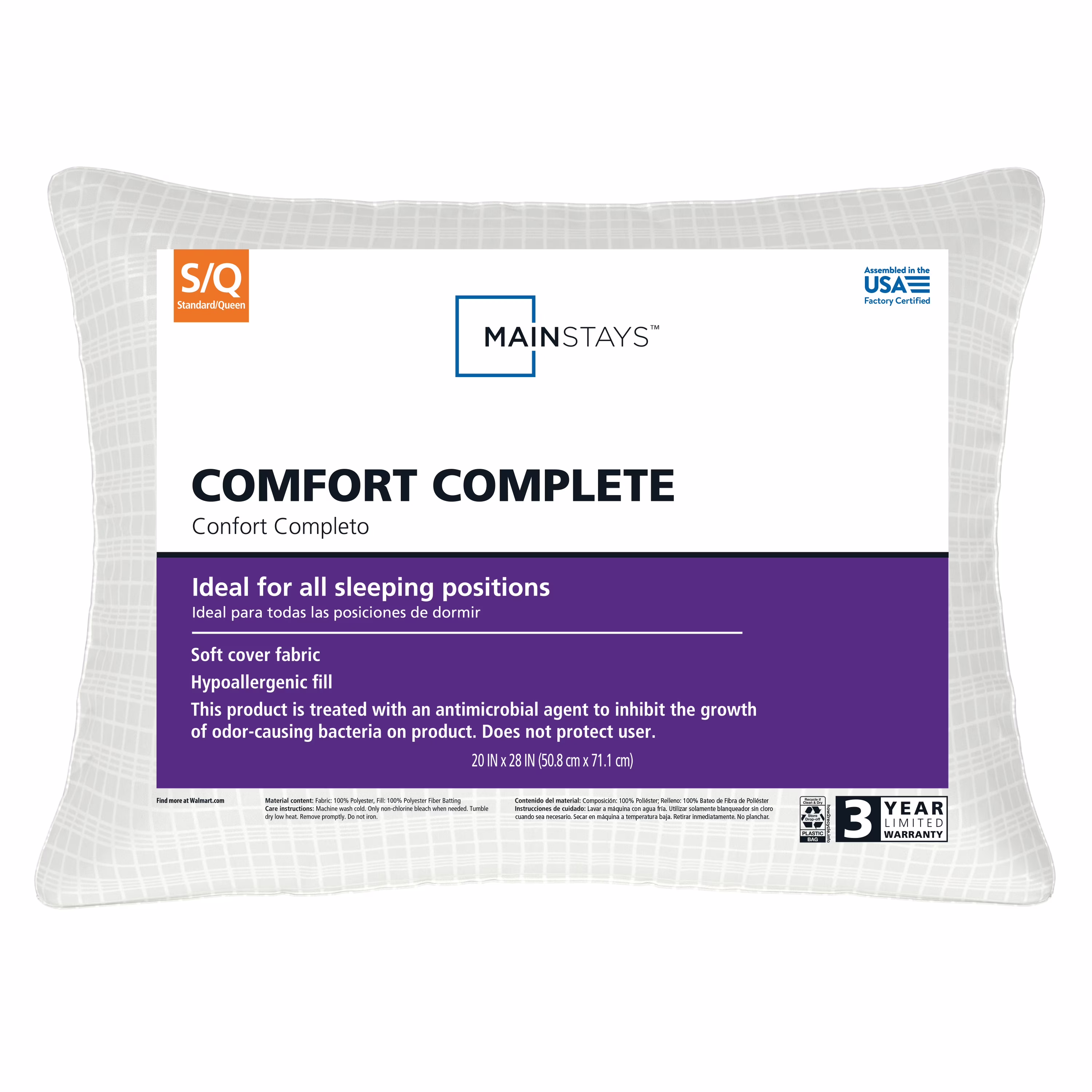 (2 pack) Mainstays Comfort Complete Bed Pillow, Standard/Queen