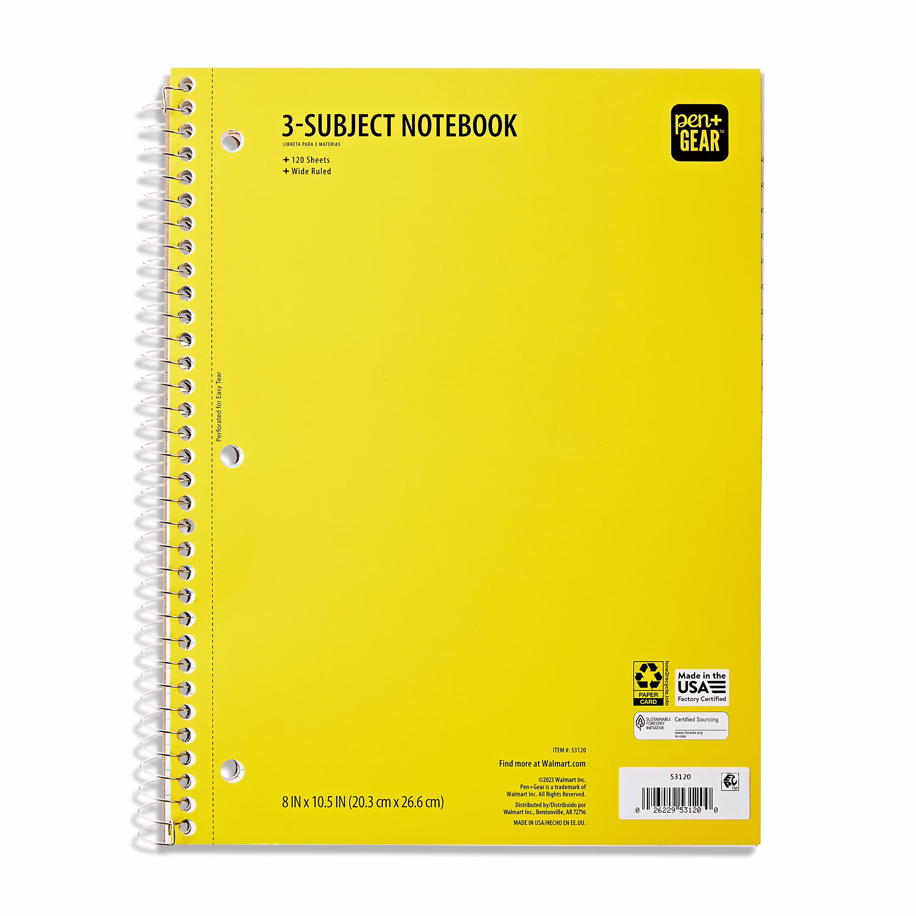 Pen+Gear Wide Ruled 3-Subject Notebook, 8 in x 10.5 in, Red, 120 Sheets