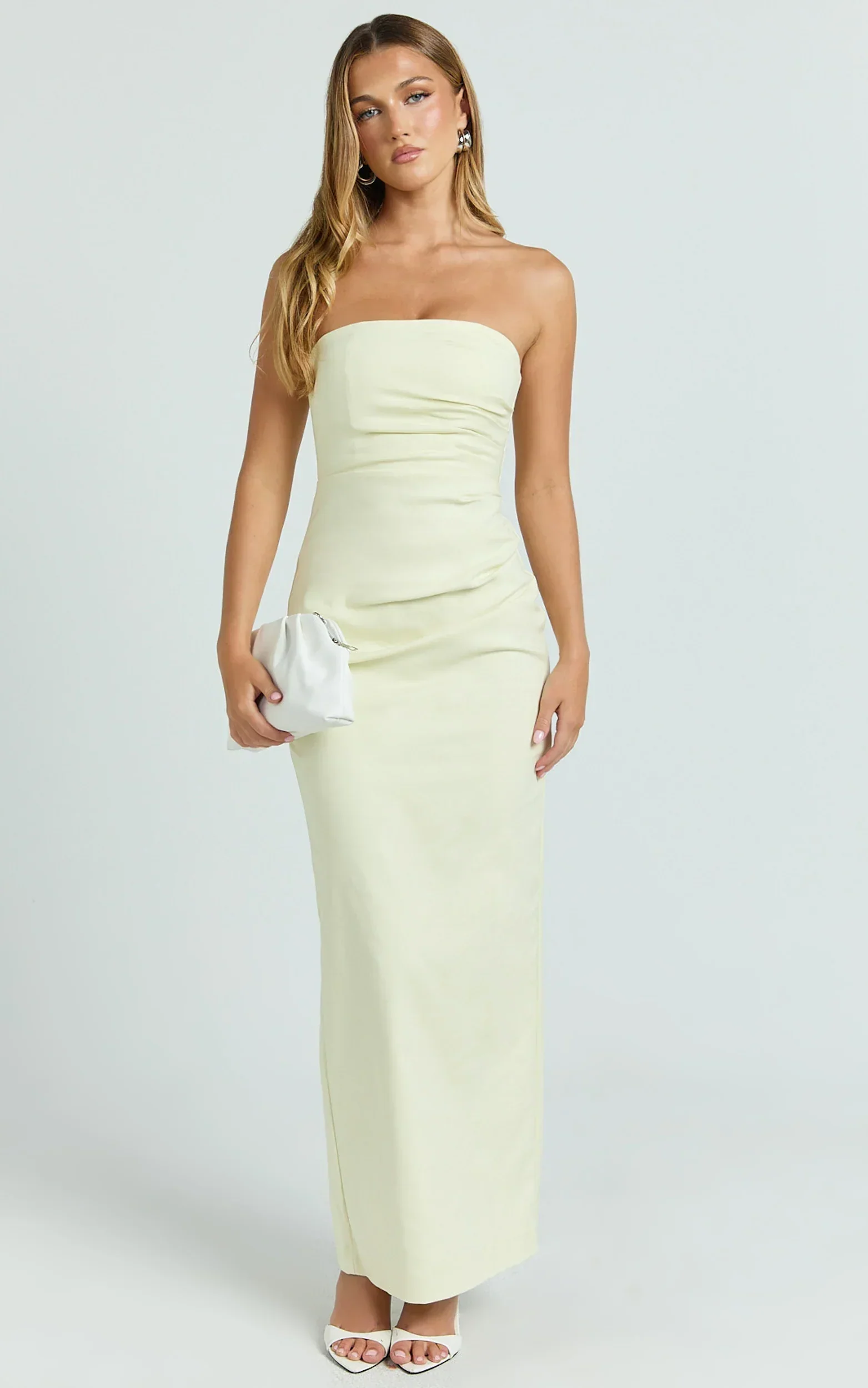 Jamie Maxi Dress - Strapless Ruched Fitted Column Dress in Lemon