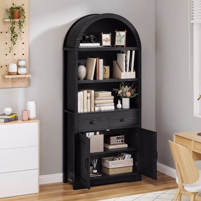 Uforic 71 " Tall Bookshelf with Storage, Wooden Arched Bookcase with 2 Drawers and Shelves for Living Room, Black