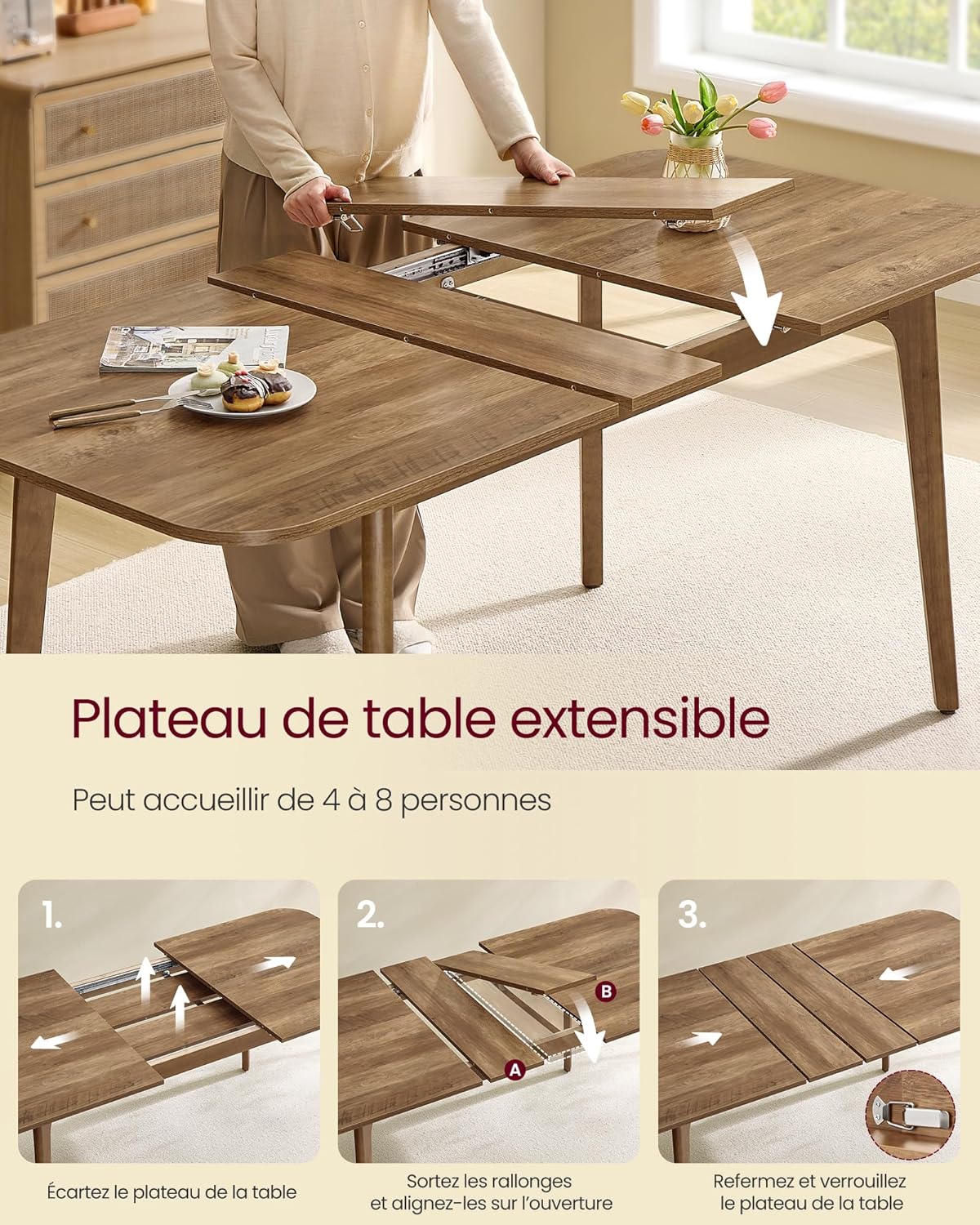 Table salle à manger plateau extensible charge 120 kg marron miel