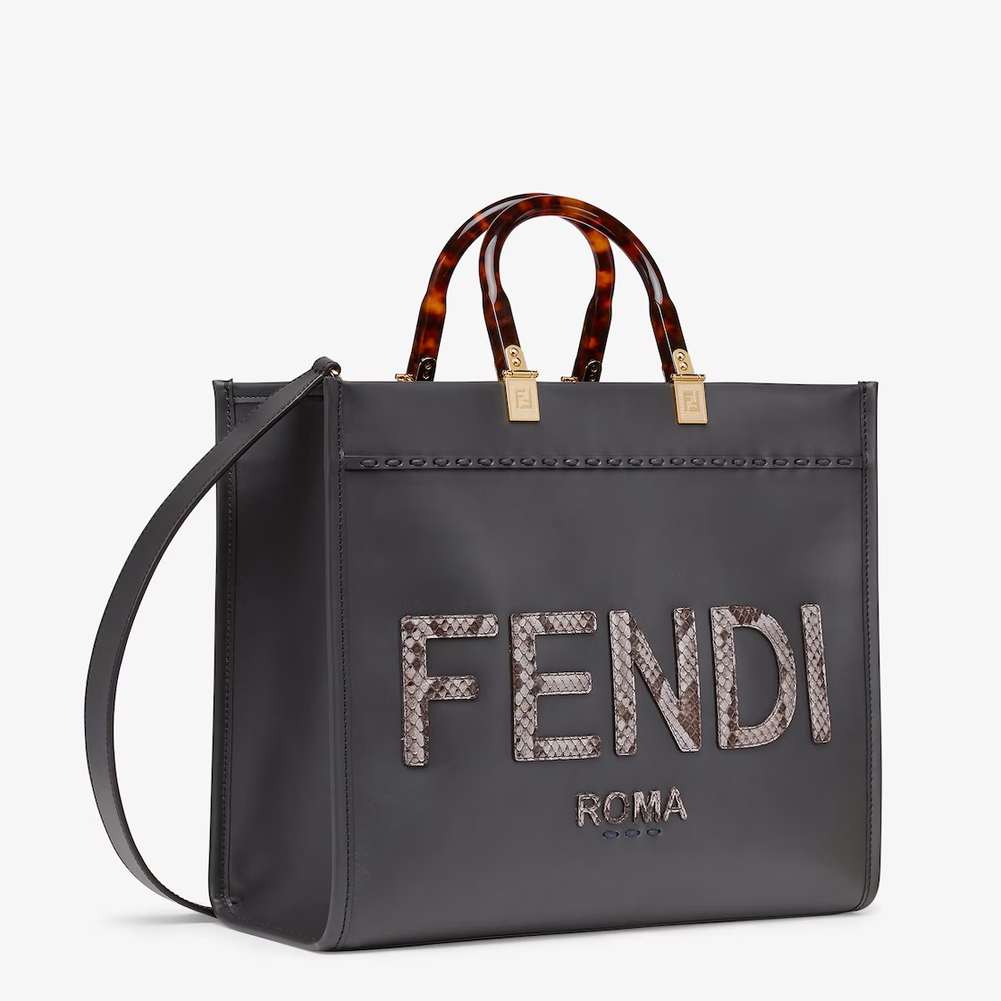 Fendi Medium Sunshine Shopping Tote Bag  Light brown leather and brocade snakeskin handbag-black