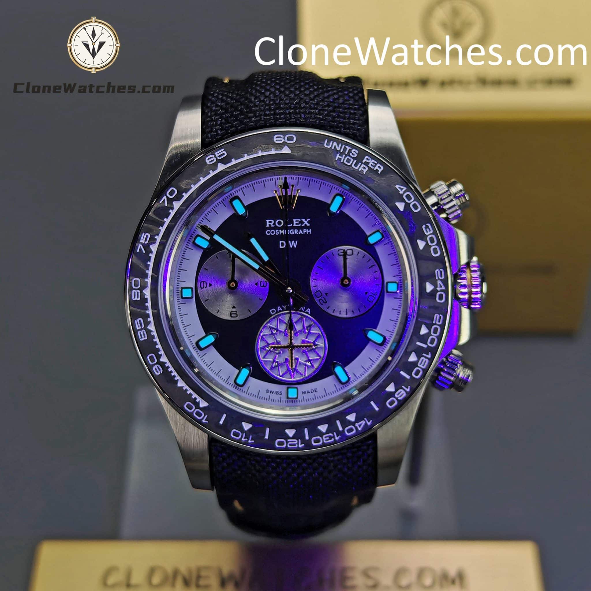 Modified Super Clone Watches 1:1 DiW Rolex Daytona “EXCEPTIONAL UNIQUE” 4130 Movement Black Strap
