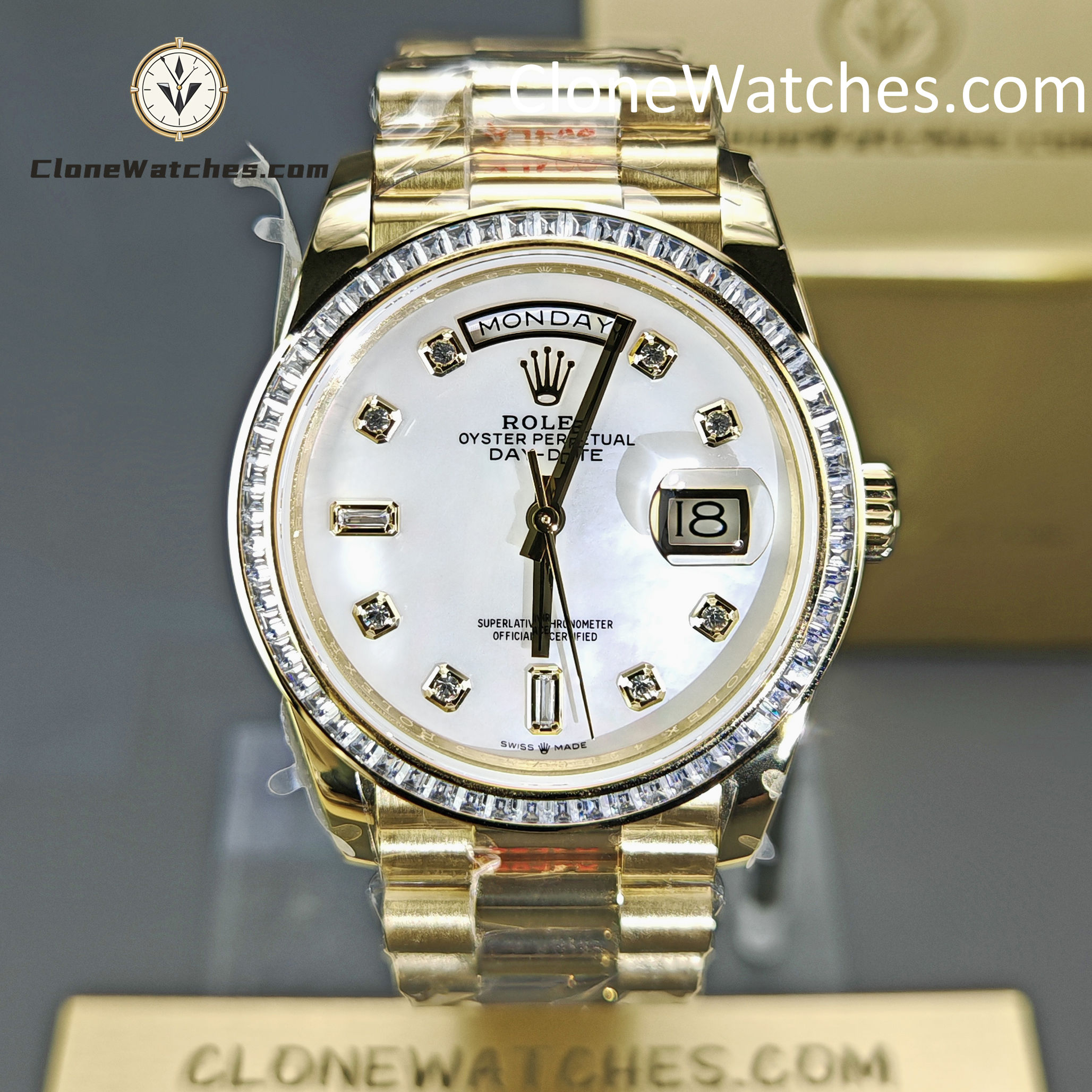 Rolex Super Clone Watches 1:1 Day Date Mother of Pearl Diamond Dial m128398tbr-0004 3255 Movement 36 mm