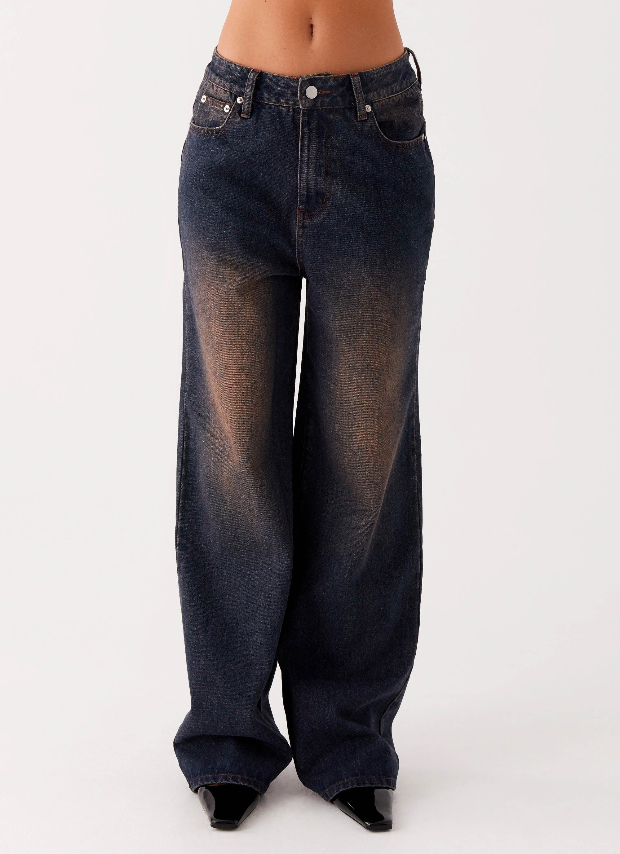 Back Again Straight Leg Denim Jeans - Brown Blue Acid Wash